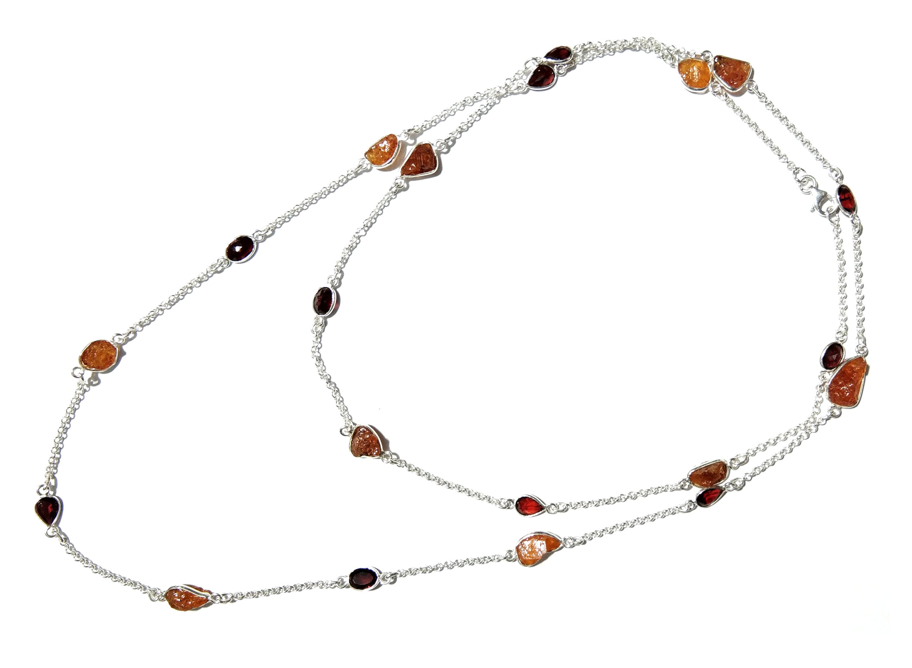 Beautiful Log Necklace 100% Natural Gemstone Yellow Garnet Rough & Garnet Faceted Log Bezel Necklace With 925 Starling Silver Length 36 inch