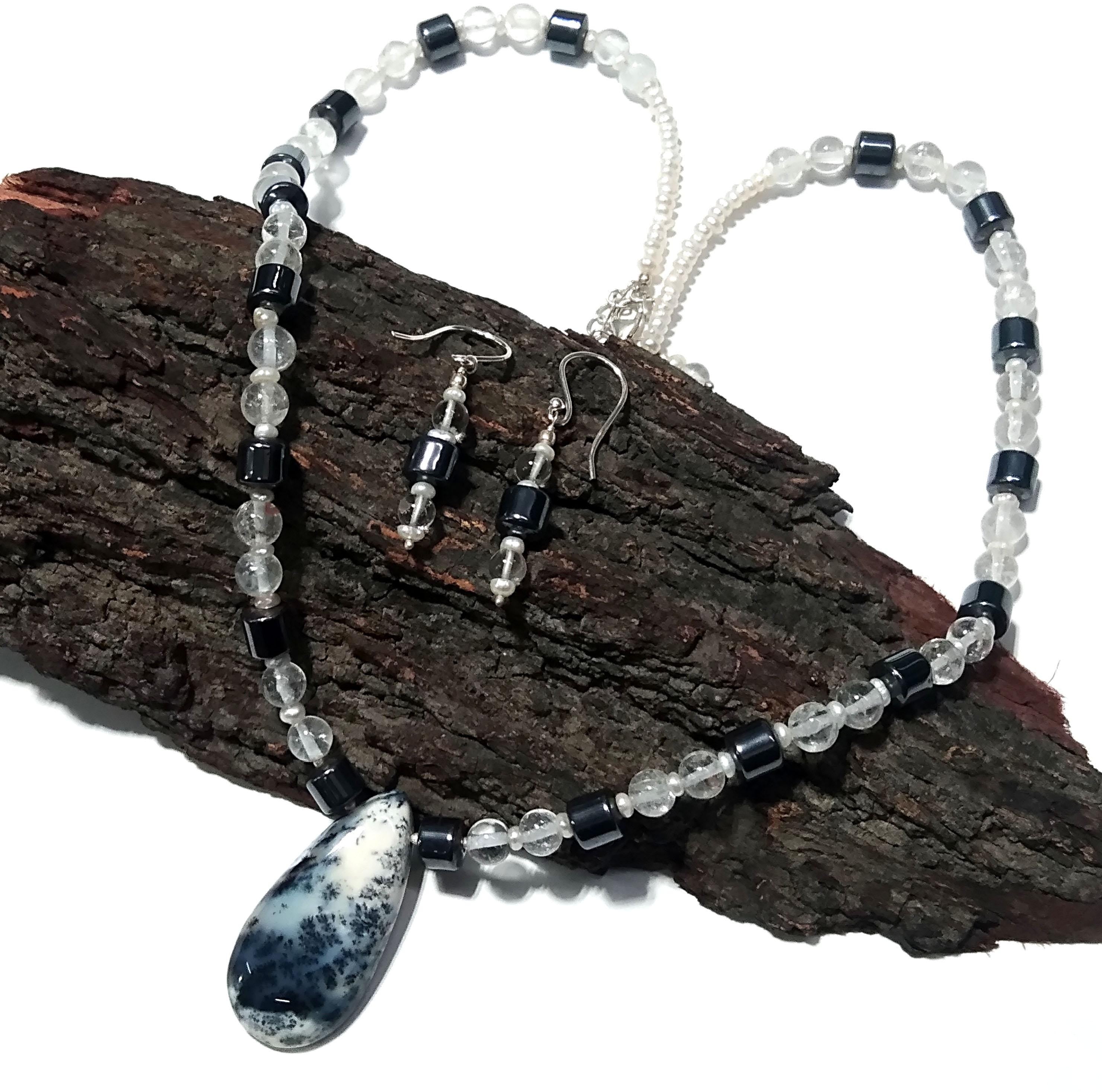 Natural Dendrite Opal/Crystal Gemstone Beads Necklace Set Jewelry, 925 Sterling Silver Necklace, Beaded Necklace Statement for Gift Jewelry
