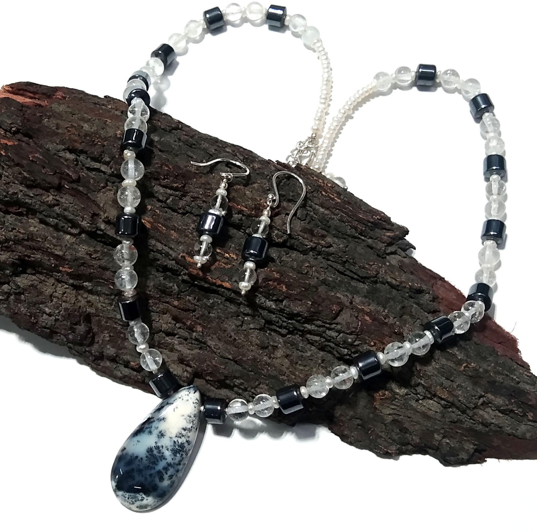 Natural Dendrite Opal/Crystal Gemstone Beads Necklace Set Jewelry, 925 Sterling Silver Necklace, Beaded Necklace Statement for Gift Jewelry