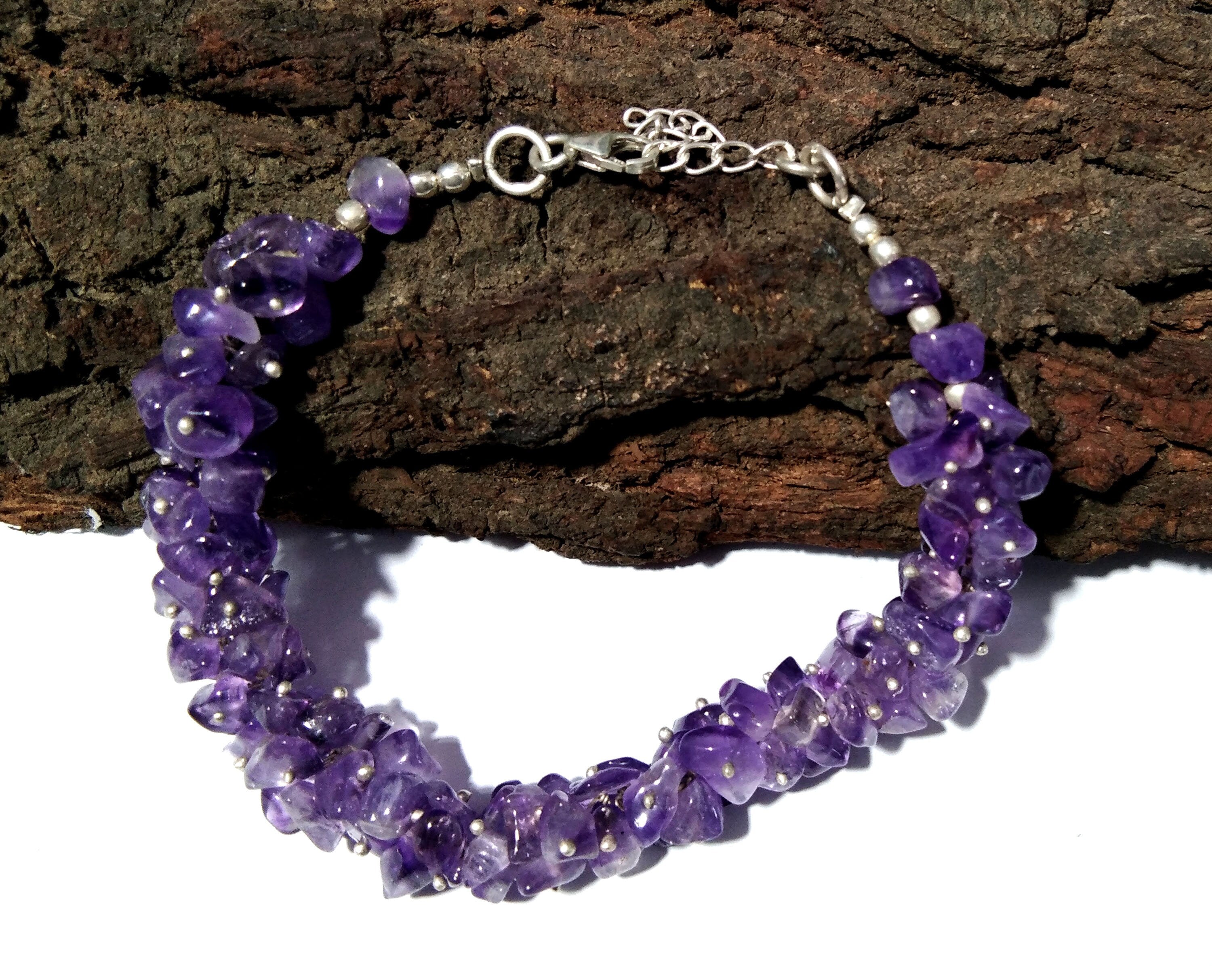 Amethyst Raw With 925 Silver Beaded Bracelet, Rough Crystal Jewelry, Gemstone Bracelet, Anxiety Healing Crystal Bracelet, Birthstone Jewelry