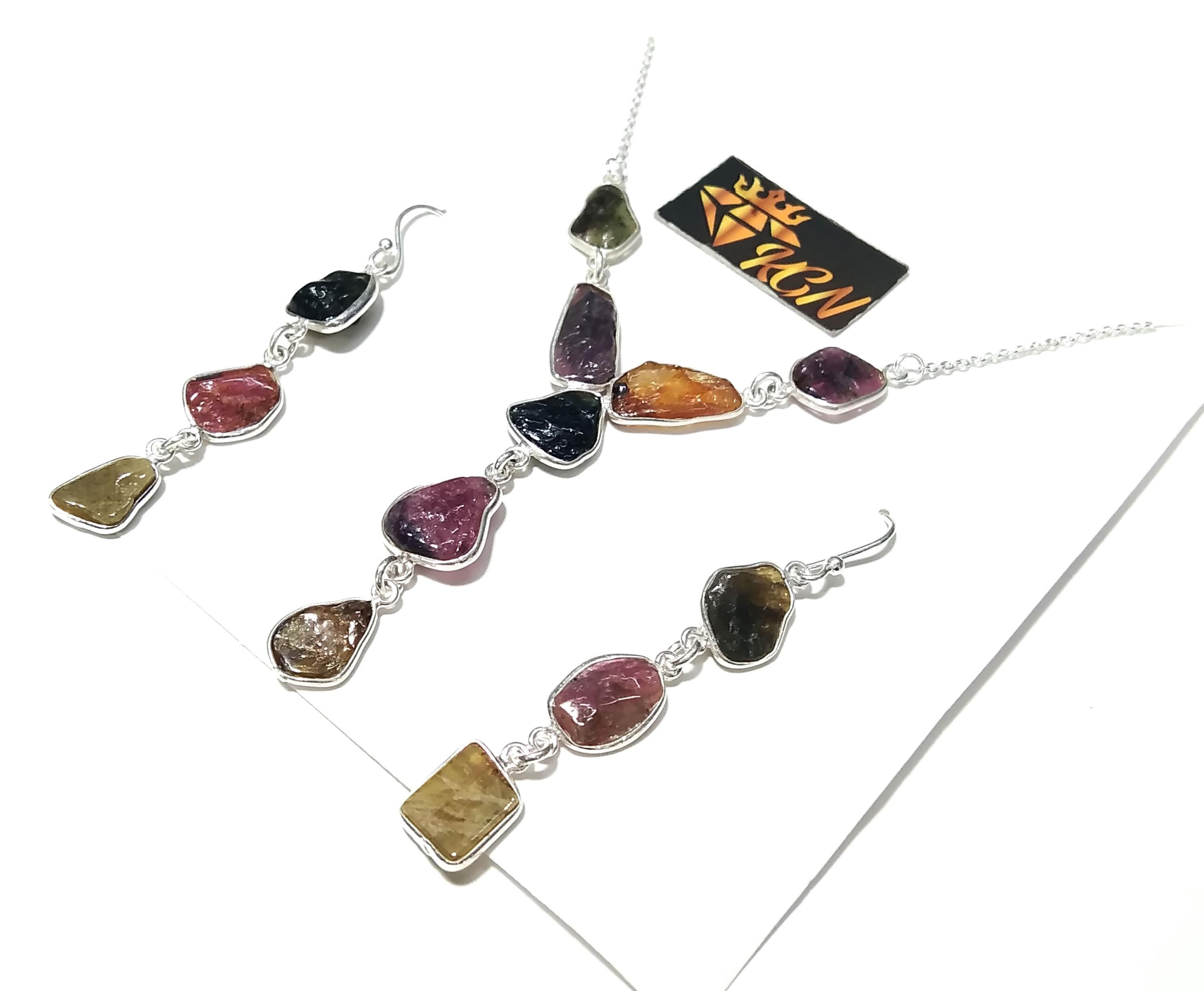 Natural Multi Tourmaline Gemstone Necklace Earring Jewelry Set, 925 Sterling Silver Necklace Earrings Jewelry, Gift For Her May Birthstone
