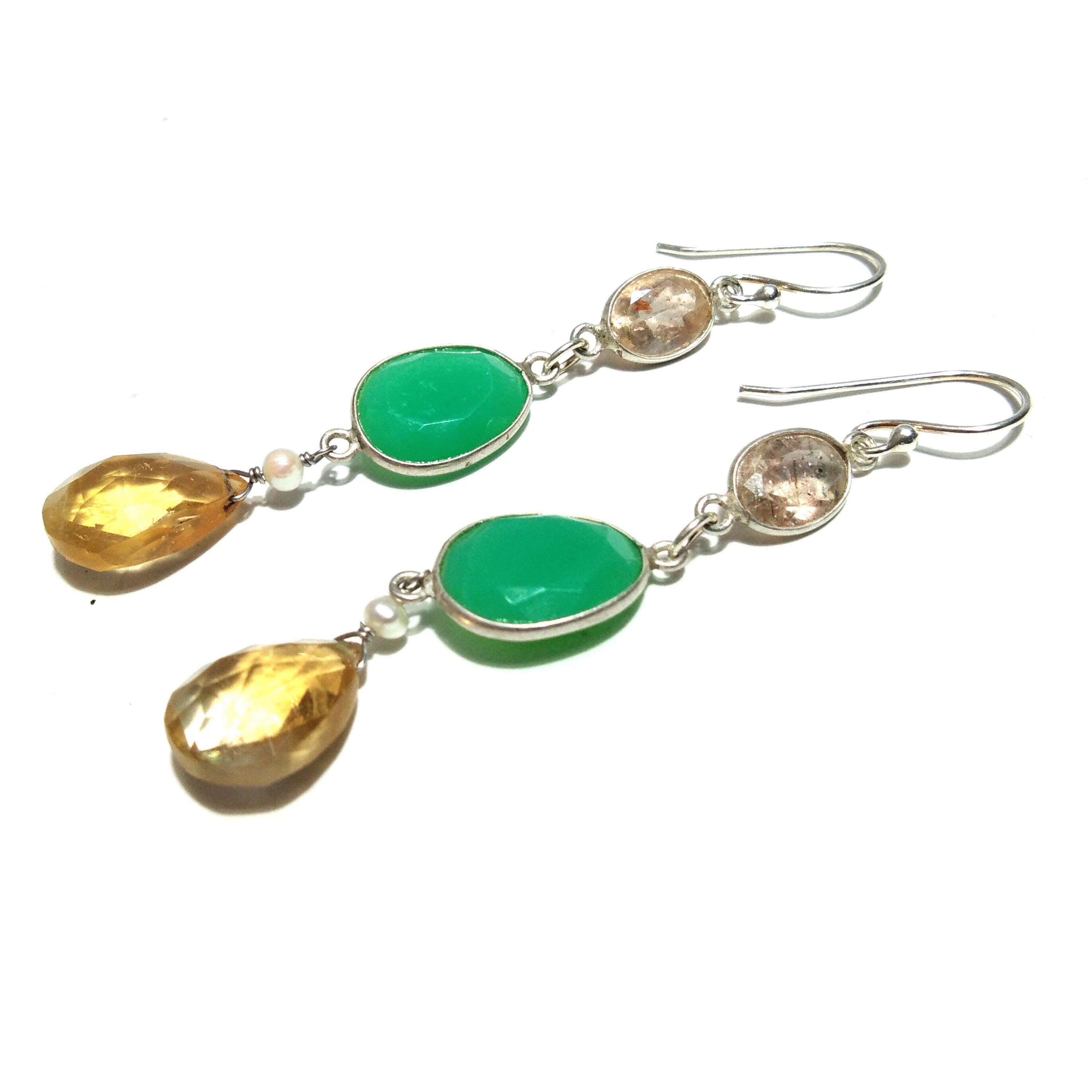 Natural Chrysoprase/Citrine Earring, 925 Solid Starling Silver Earring, Chrysoprase Stone Handmade Jewelry for Gift Women Earring