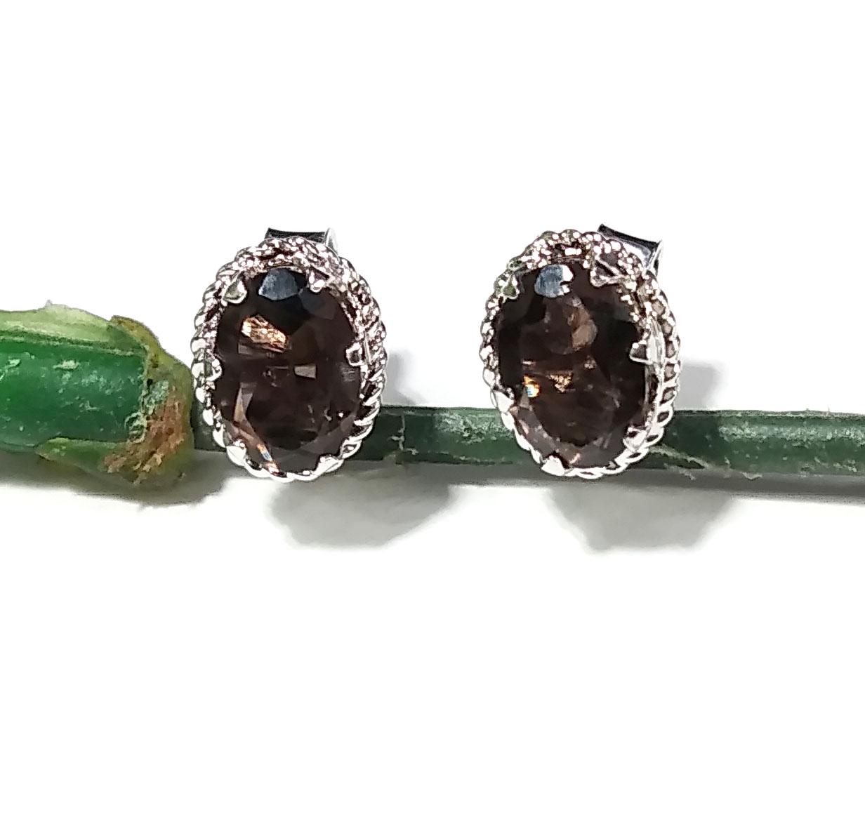 Natural Smoky Quartz Stud Earrings, 925 Starling Silver Earring Jewelry, Smoky Quartz Gemstone Oval Shape Stone Size 7x5 mm Gift For women.
