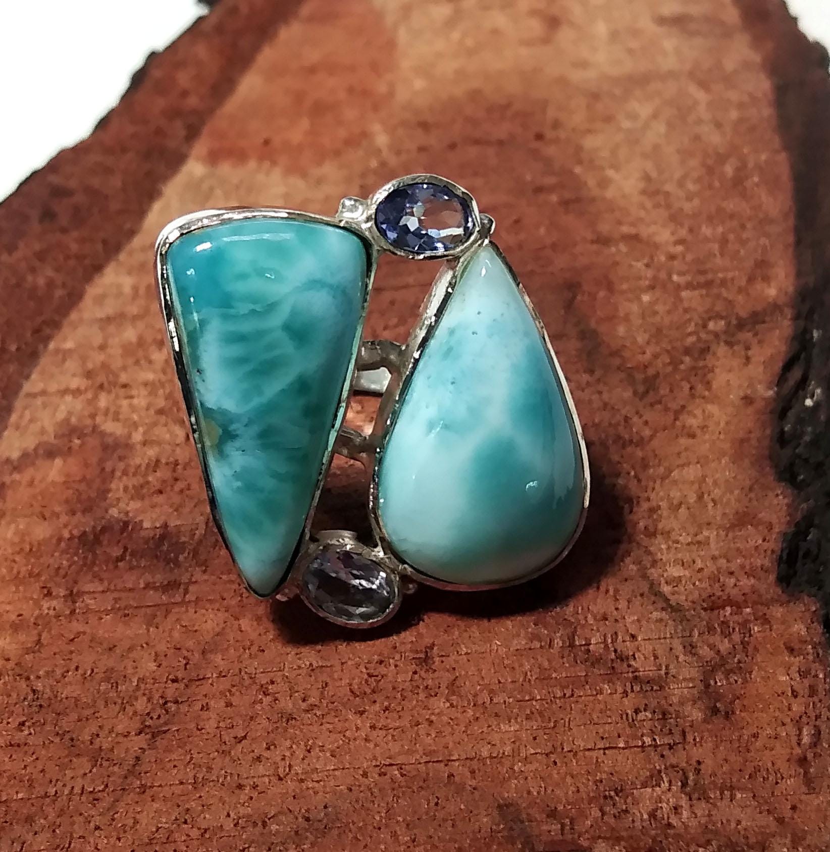 Natural Larimar & Tanzanite Faceted Gemstone Ring, 925 Solid Sterling Silver Jewelry Stone Ring, Handmade Jewelry, Gift Item For Girls/Women