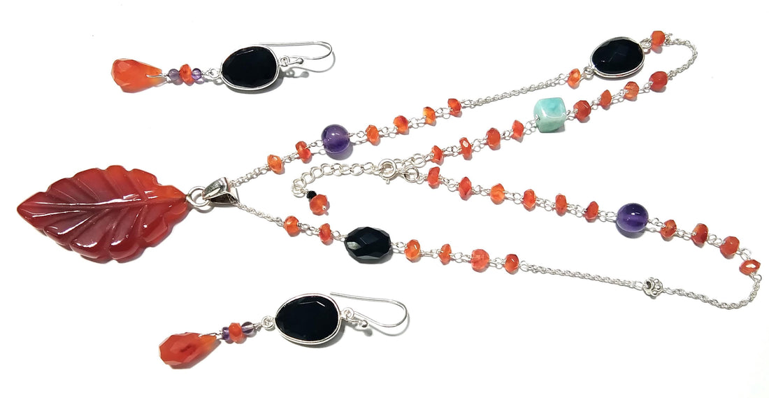 Natural Orange Carnelian/Black Onyx Gemstone Beads Necklace Set Jewelry, 925 Sterling Silver Necklace Beaded Necklace Statement for Jewelry