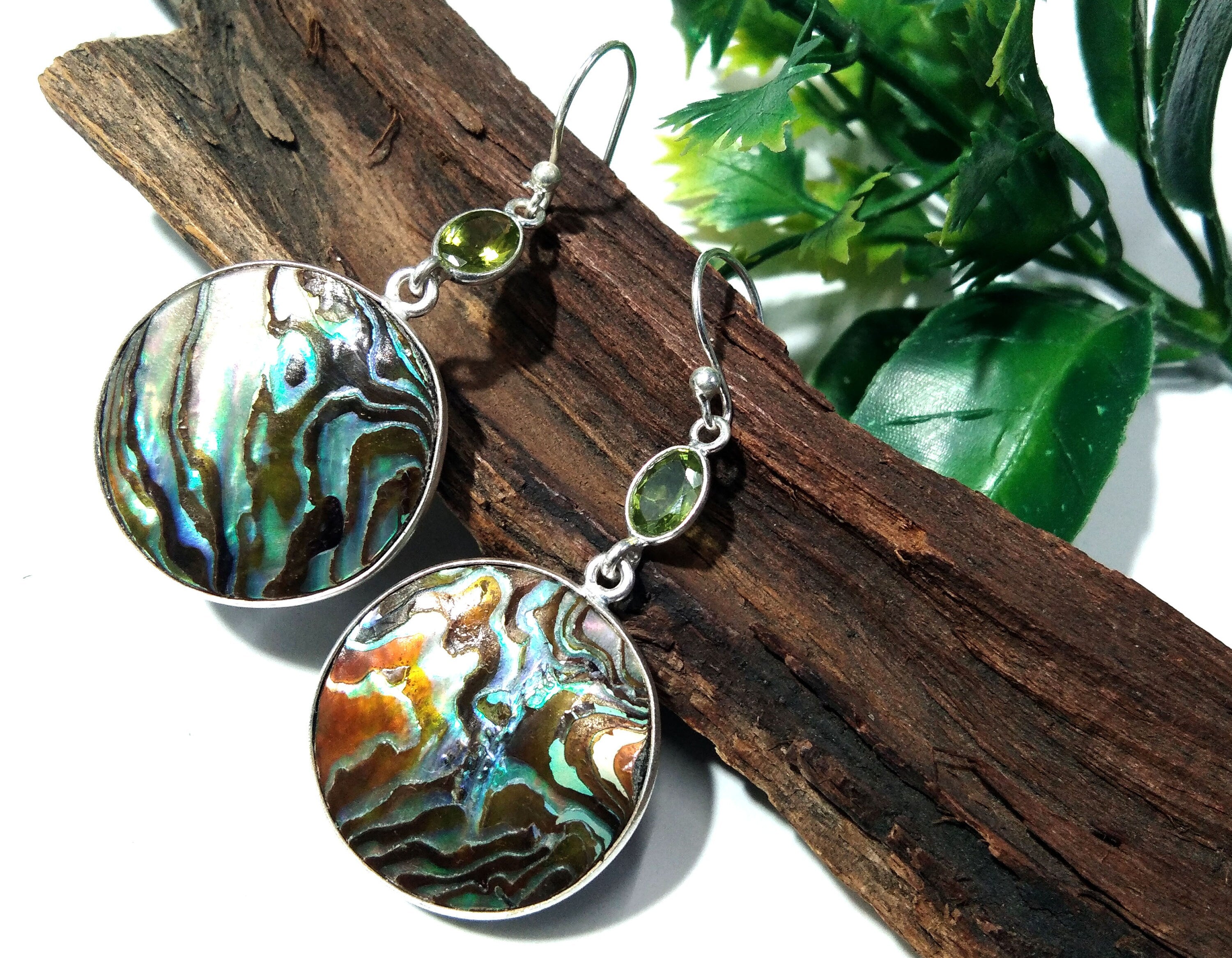 Natural Abalone Shell/Peridot Gemstone Earring, 925 Sterling Silver Earring Jewelry, Handmade Earring For Gift Birthday Girls/Women Jewelry