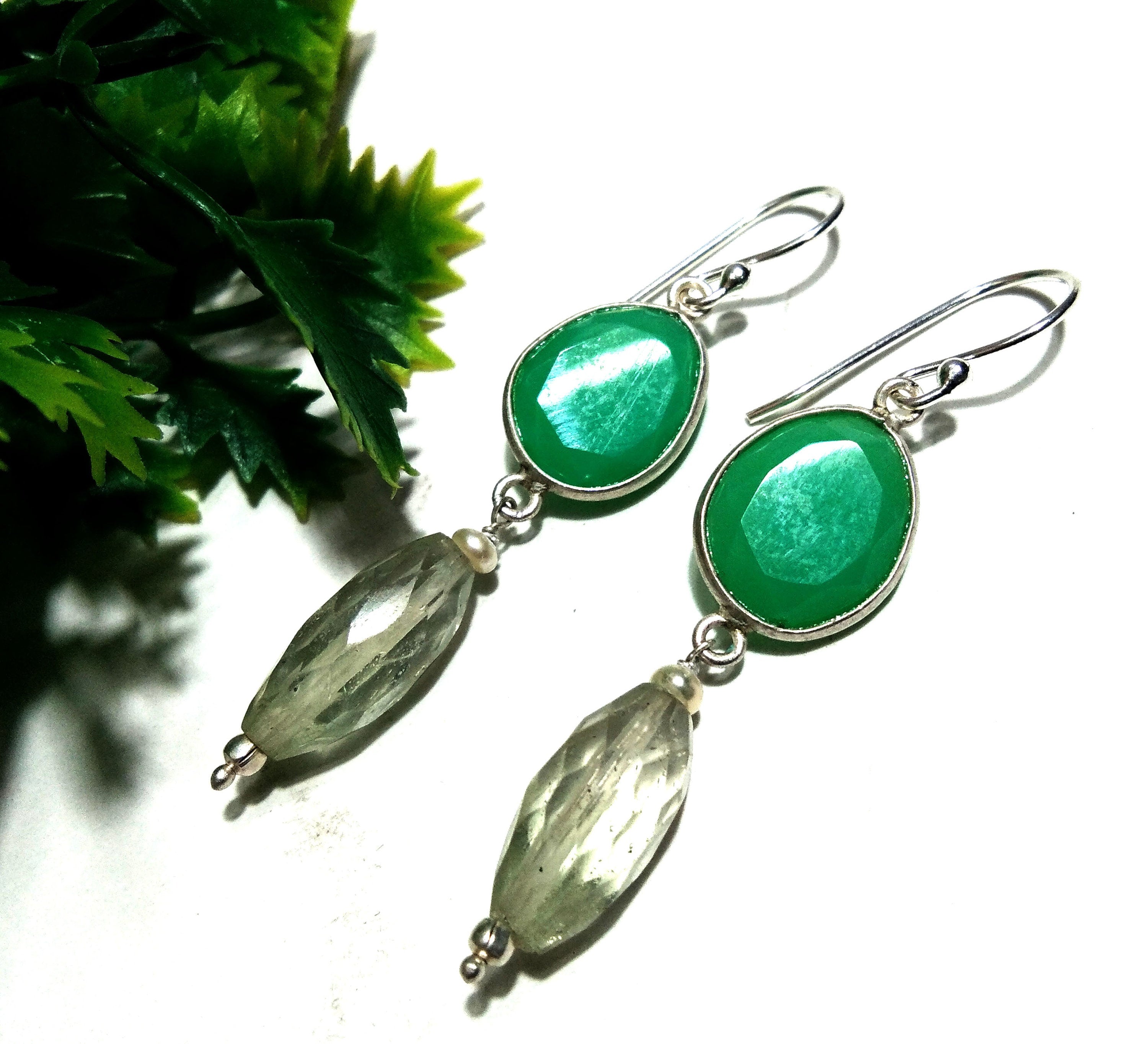 Beautiful Earring ! Natural Gemstone Green Amethyst & Cryso Onyx Earring, 925 Starling Silver Handmade Jewelry Earring, Gift For Girls/Women