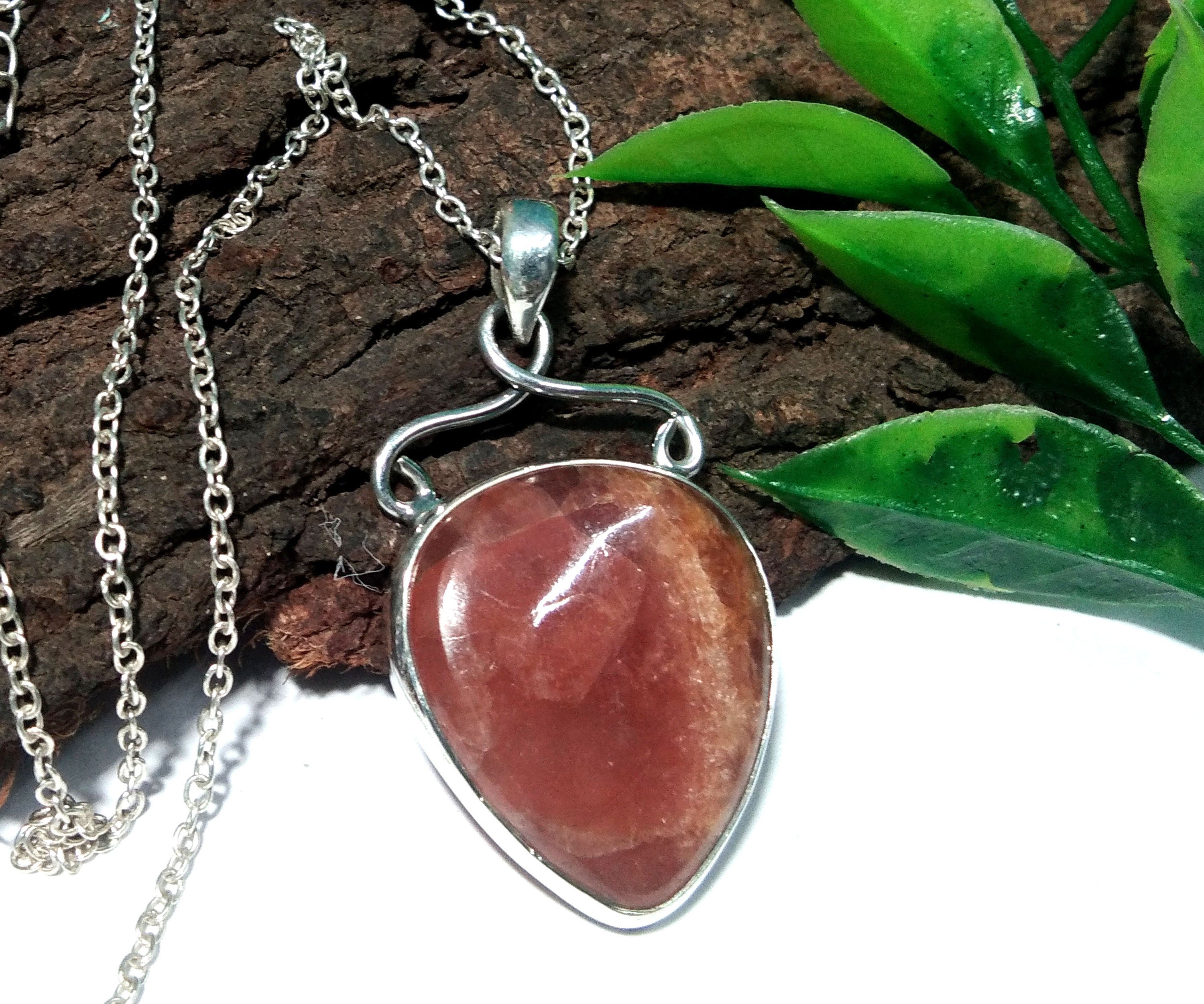 Natural Rhodochrosite Gemstone Pendant Chain Necklace, 925 Starling Silver Pendant Jewelry Heart Shape For Gift Easter Chain Pendant