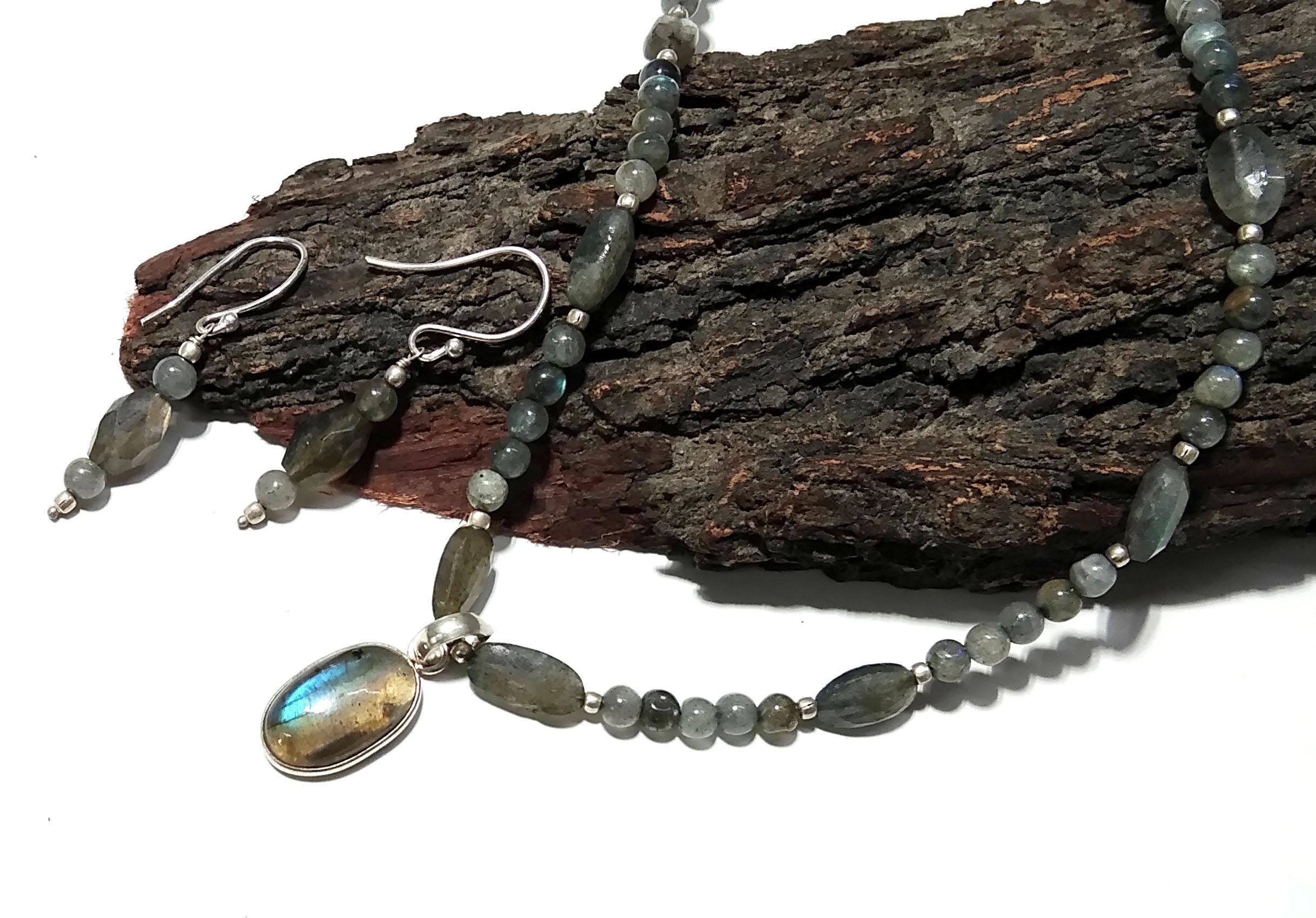 Natural Labradorite Gemstone Beads Necklace Earring Jewelry Set, 925 Sterling Silver Necklace Earring, Handmade Jewelry Gift For Women