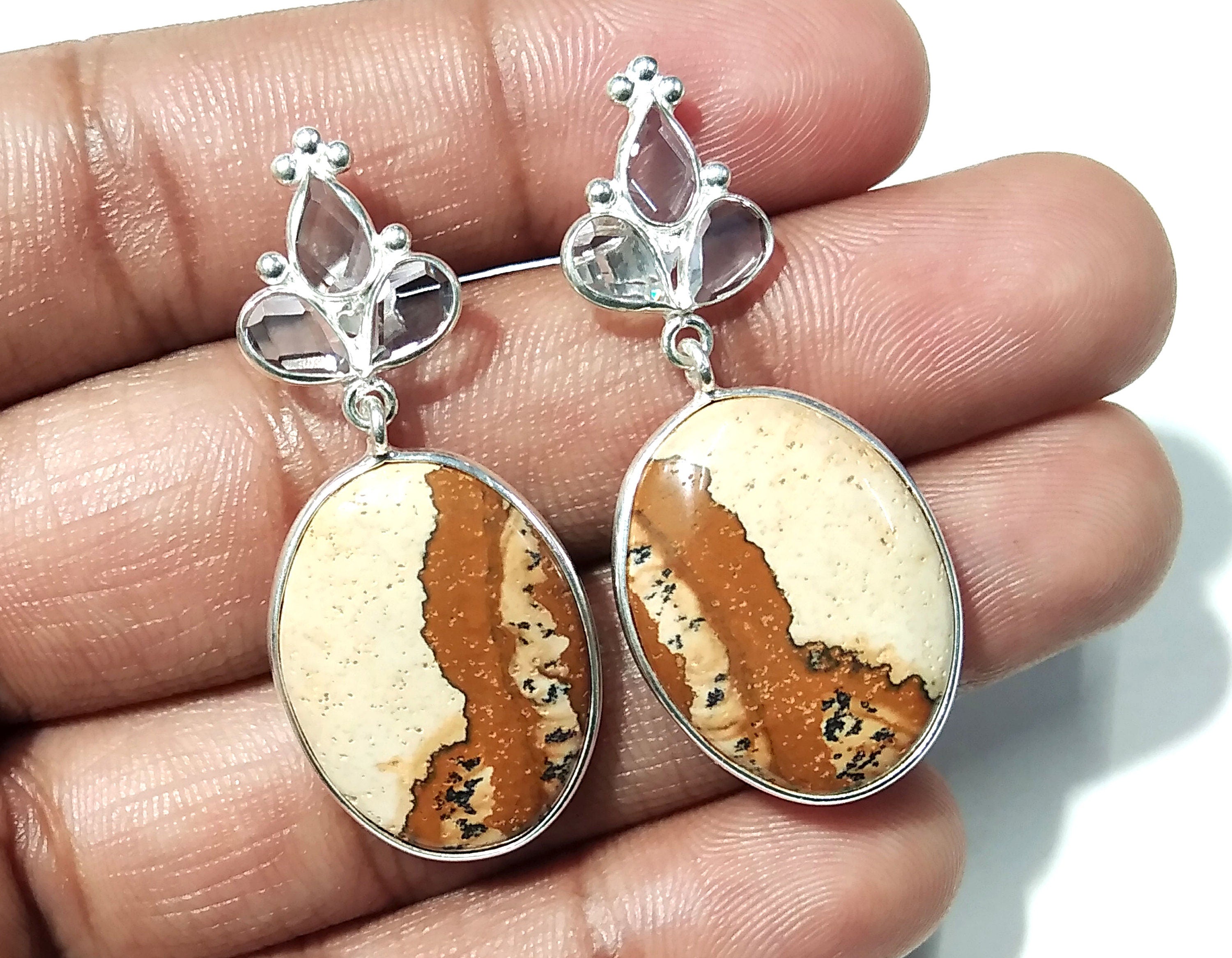 White Zircon & Picture Jasper Earrings, 925 Silver With Natural Gemstone Zircon Faceted And Picture Jasper Earring, For Girls/Women.