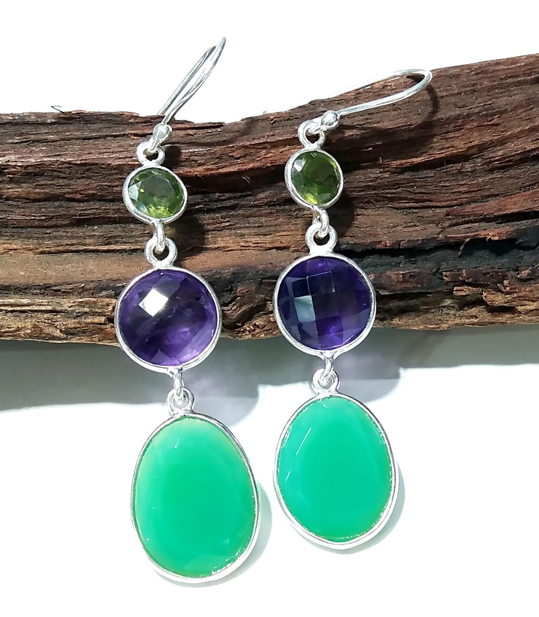 Natural Chrysoprase/Peridot/Amethyst Gemstone Earring, 925 Starling Silver Earring, Chrysoprase/Amethyst Gemstone Earring, For Girls/Women.