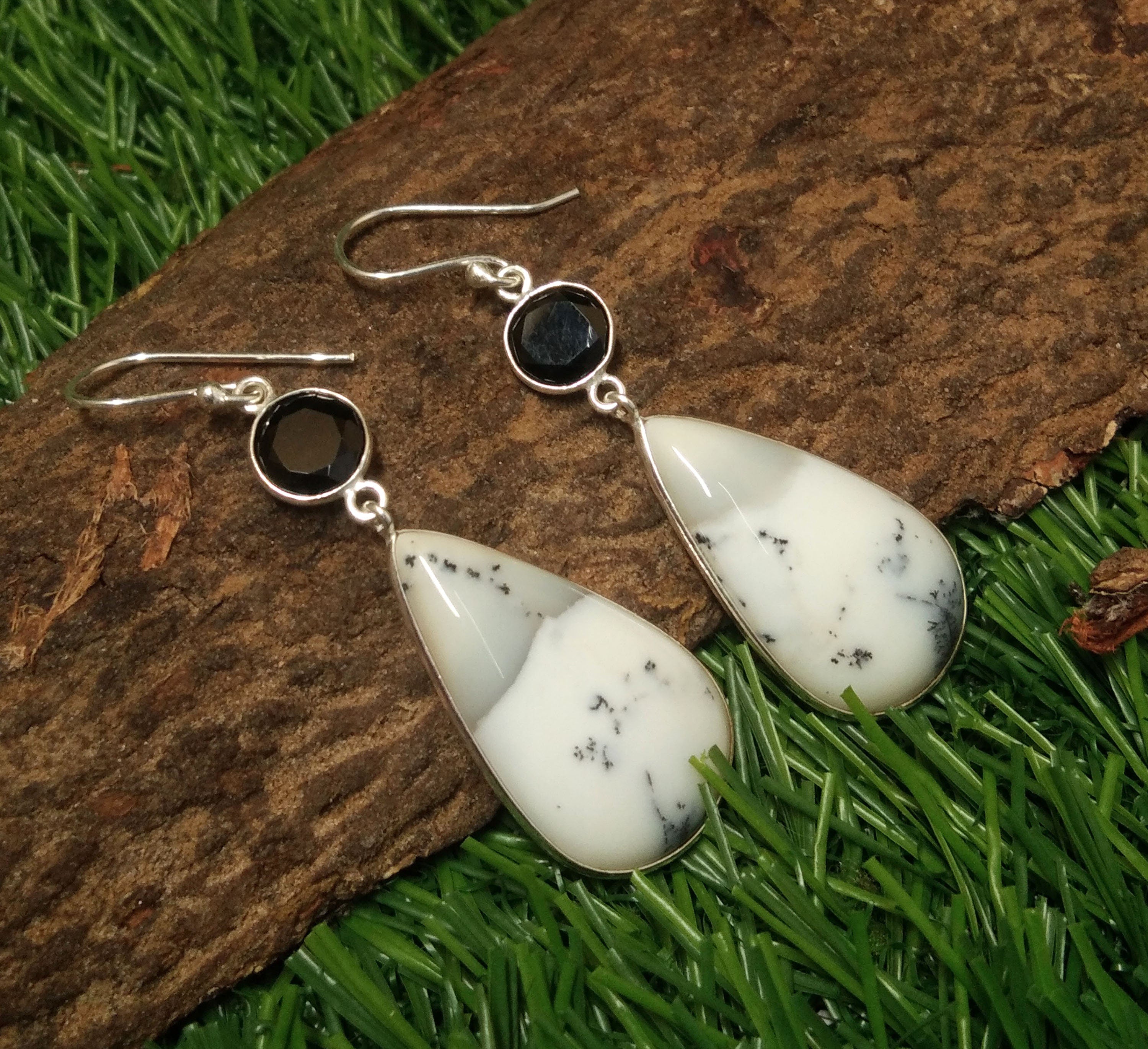 Natural Dendrite Opal/Black Onyx Gemstone Earring, 925 Solid Starling Silver Earring, Opal Stone Size 27x16 mm Gift Dangle Earring Jewelry