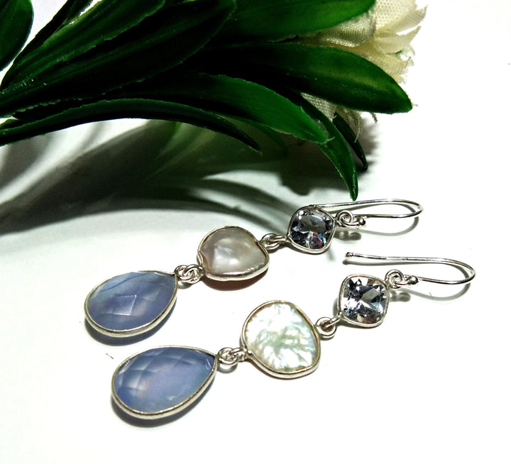 Natural Fresh Water Baroque Pearl/Topaz/Blue Chalcedony Stone Drop Earring, 925 Solid Starling Silver Earring Gemstone, Gift Earring Jewelry