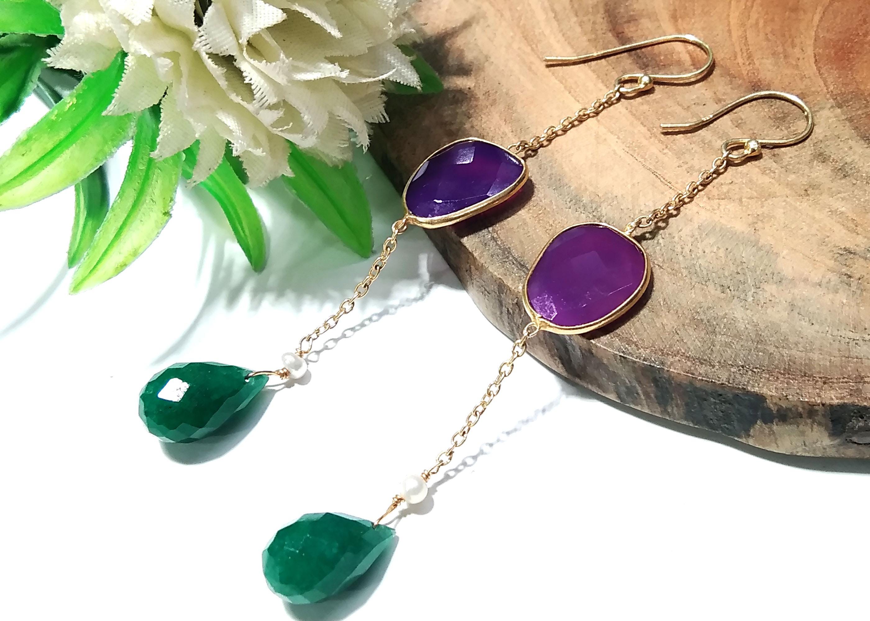 Natural Green Jade & Pink Chalcedony Gemstone Earring, 925 Starling Silver With Gold Plated Earring, Bezel Handmade Earring, For Girls/Women