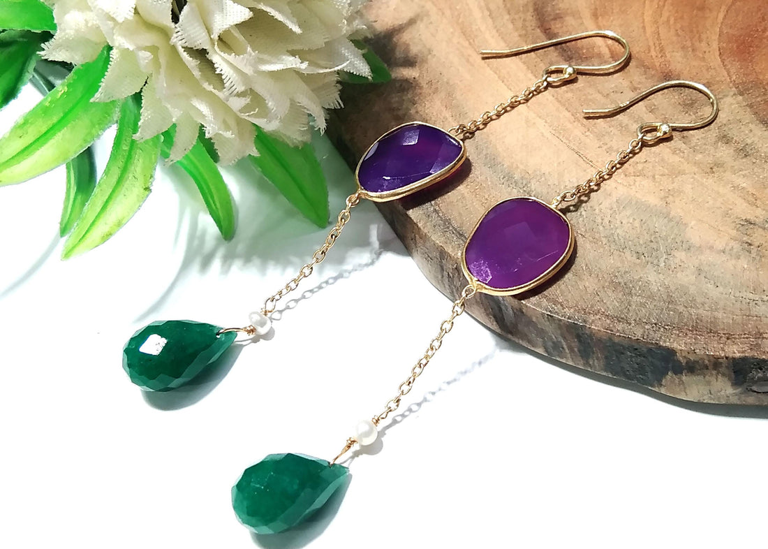 Natural Green Jade & Pink Chalcedony Gemstone Earring, 925 Starling Silver With Gold Plated Earring, Bezel Handmade Earring, For Girls/Women