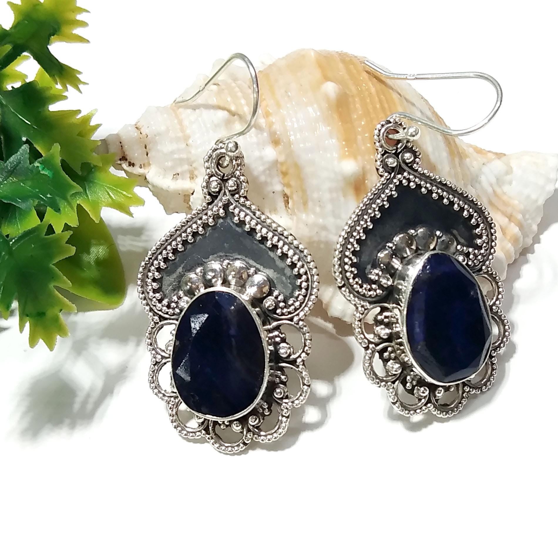 Natural Blue Sapphire Earrings Gemstone, 925 Solid Starling Silver Earring Jewelry, Oval Shape Stone Size 16x12 mm Sapphire For Gift Earring