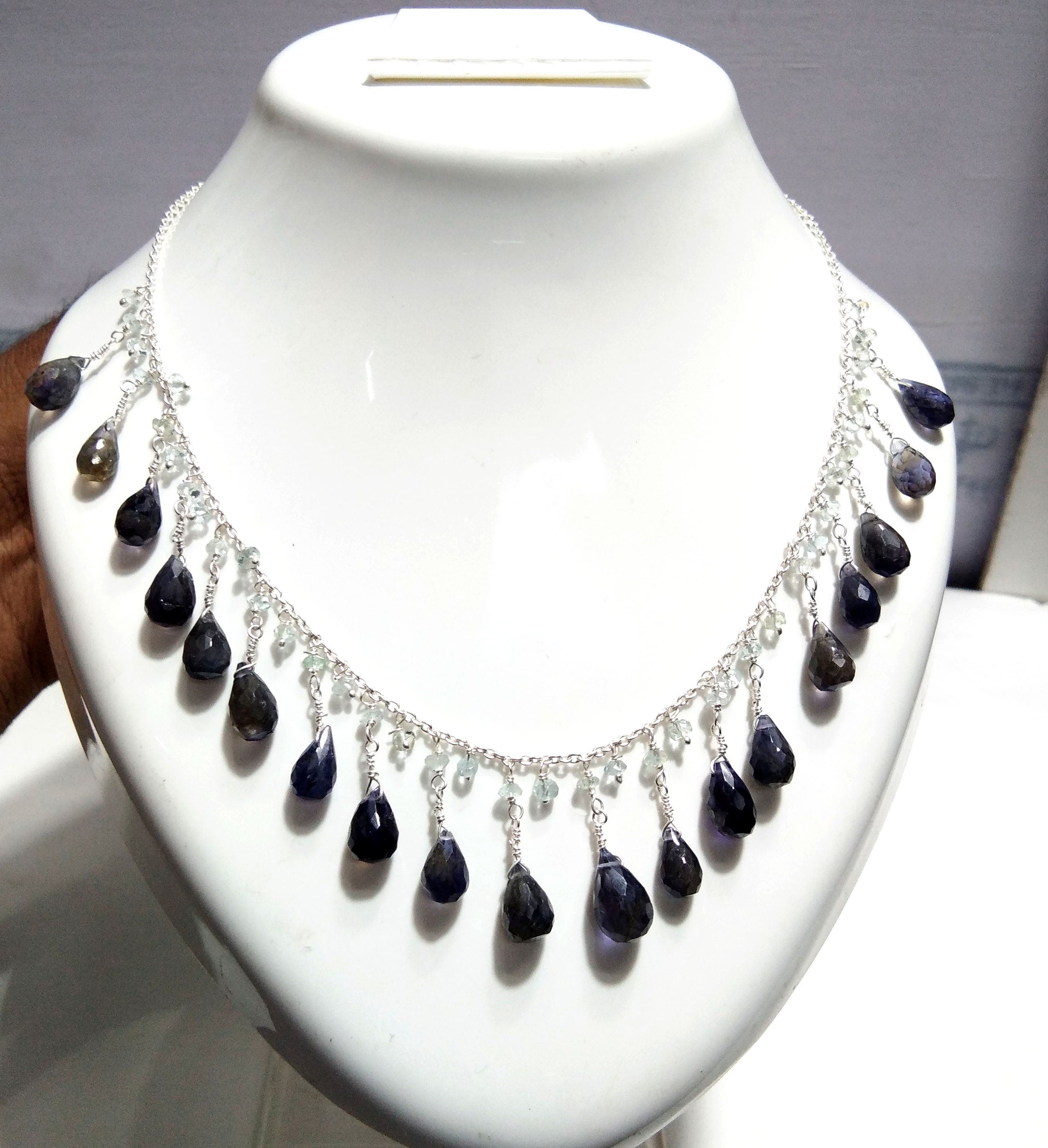 Natural Iolite Drop's Stone Chain Necklace Jewelry, 925 Starling Silver Chain Necklace, Top Color Iolite Gift Necklace, For Girls & Women