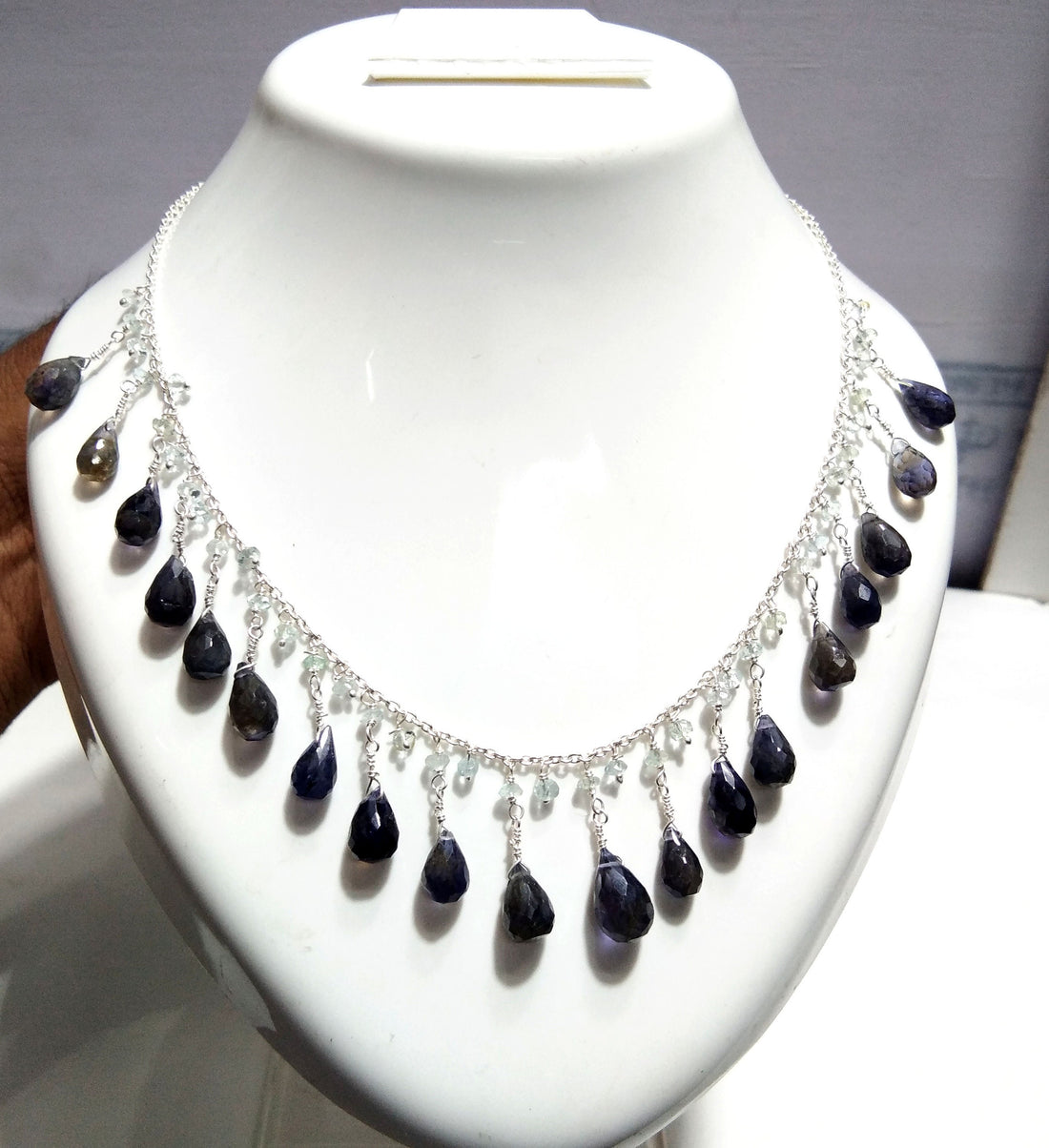 Natural Iolite Drop's Stone Chain Necklace Jewelry, 925 Starling Silver Chain Necklace, Top Color Iolite Gift Necklace, For Girls & Women