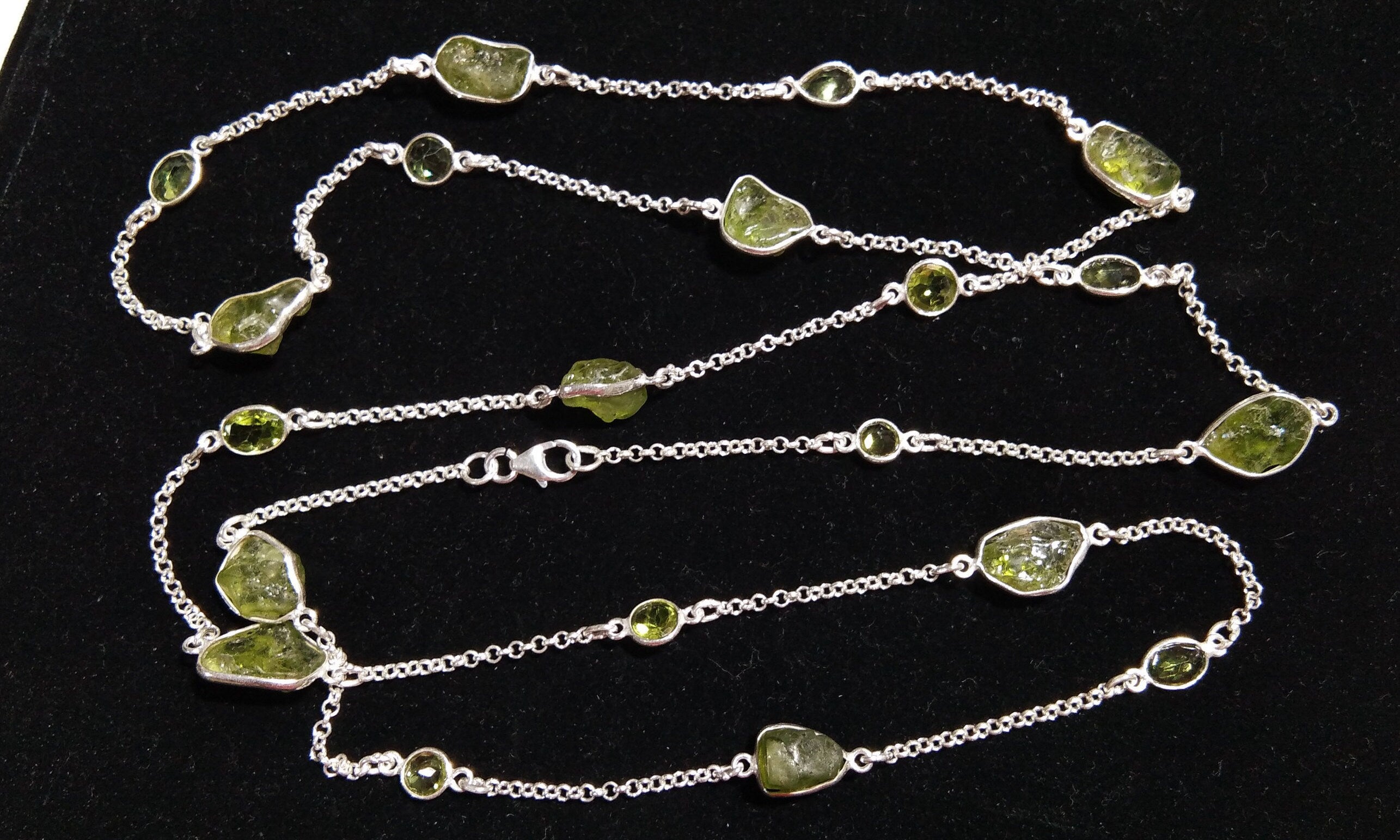 Log Chain Necklace Peridot Rough & Faceted Stone Chain Necklace, 925 Sterling Silver Bezel Setting Long 36" inch Chain Necklace Birthstone