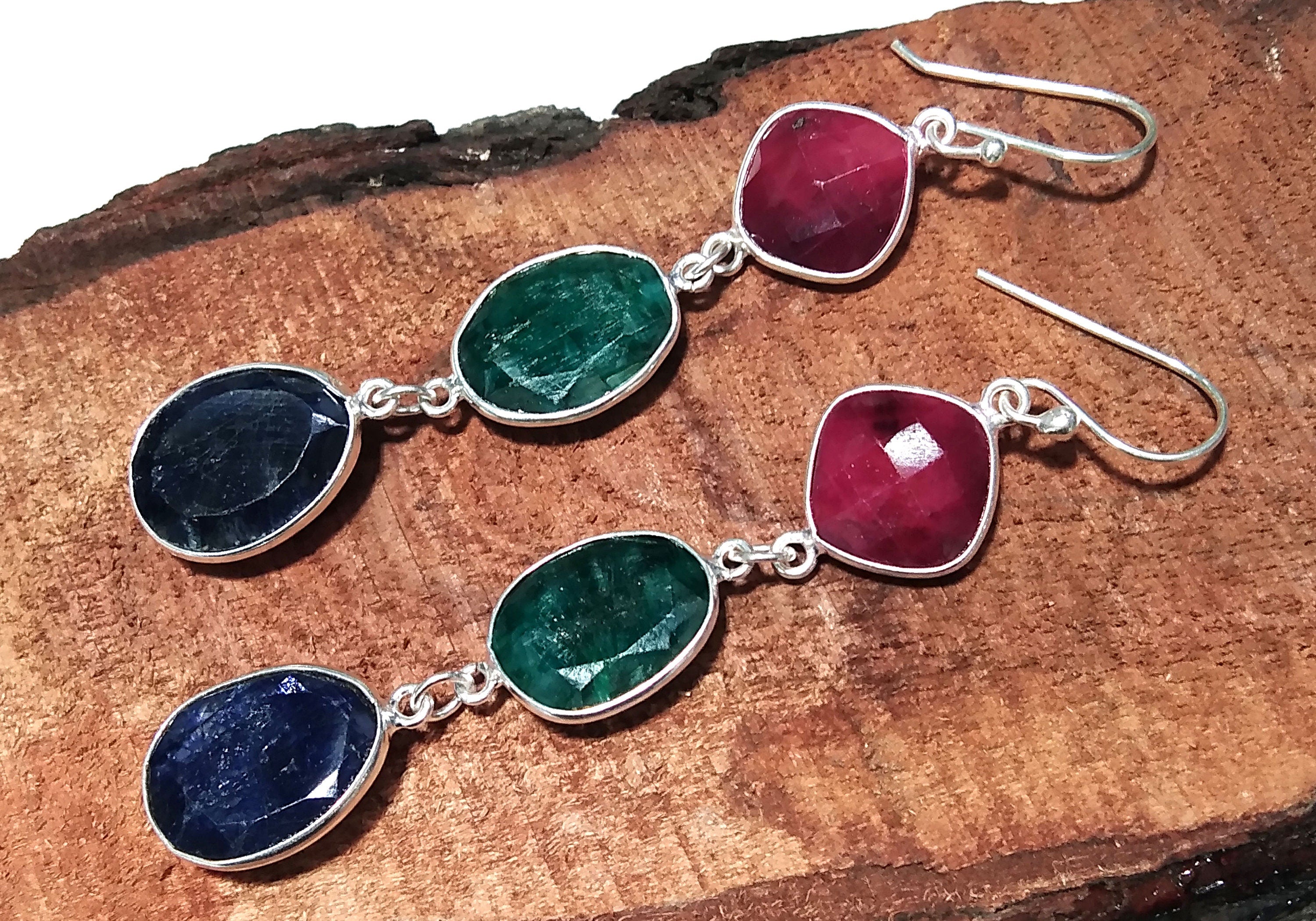 Natural Emerald,Red Ruby,Blue Sapphire Stone Earring, 925 Solid Starling Silver Earring Gemstone, Gift Wedding Earring, Handmade Jewelry