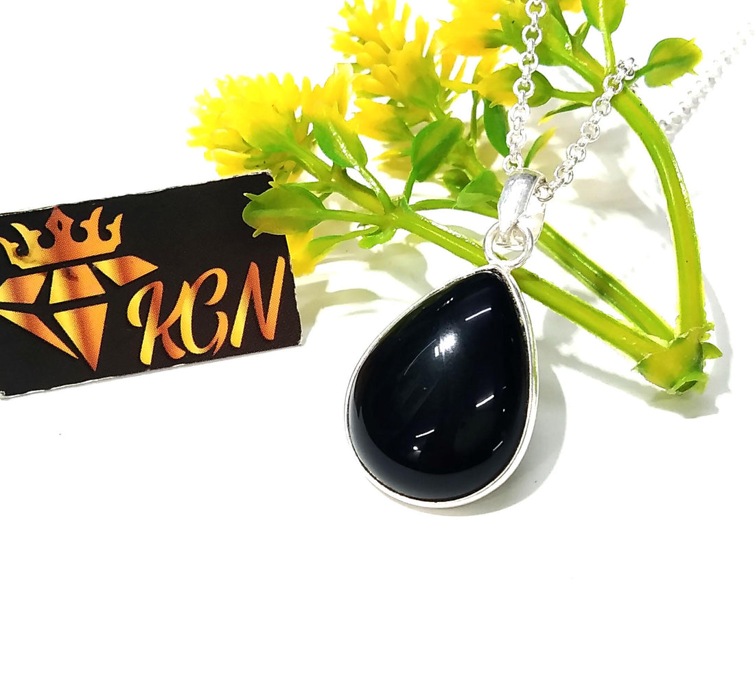 Natural Black Onyx Gemstone Pendant Chain Necklace, 925 Sterling Silver Pendant Jewelry, Black Onyx Stone Size 20x15mm Gift For Girls/Women