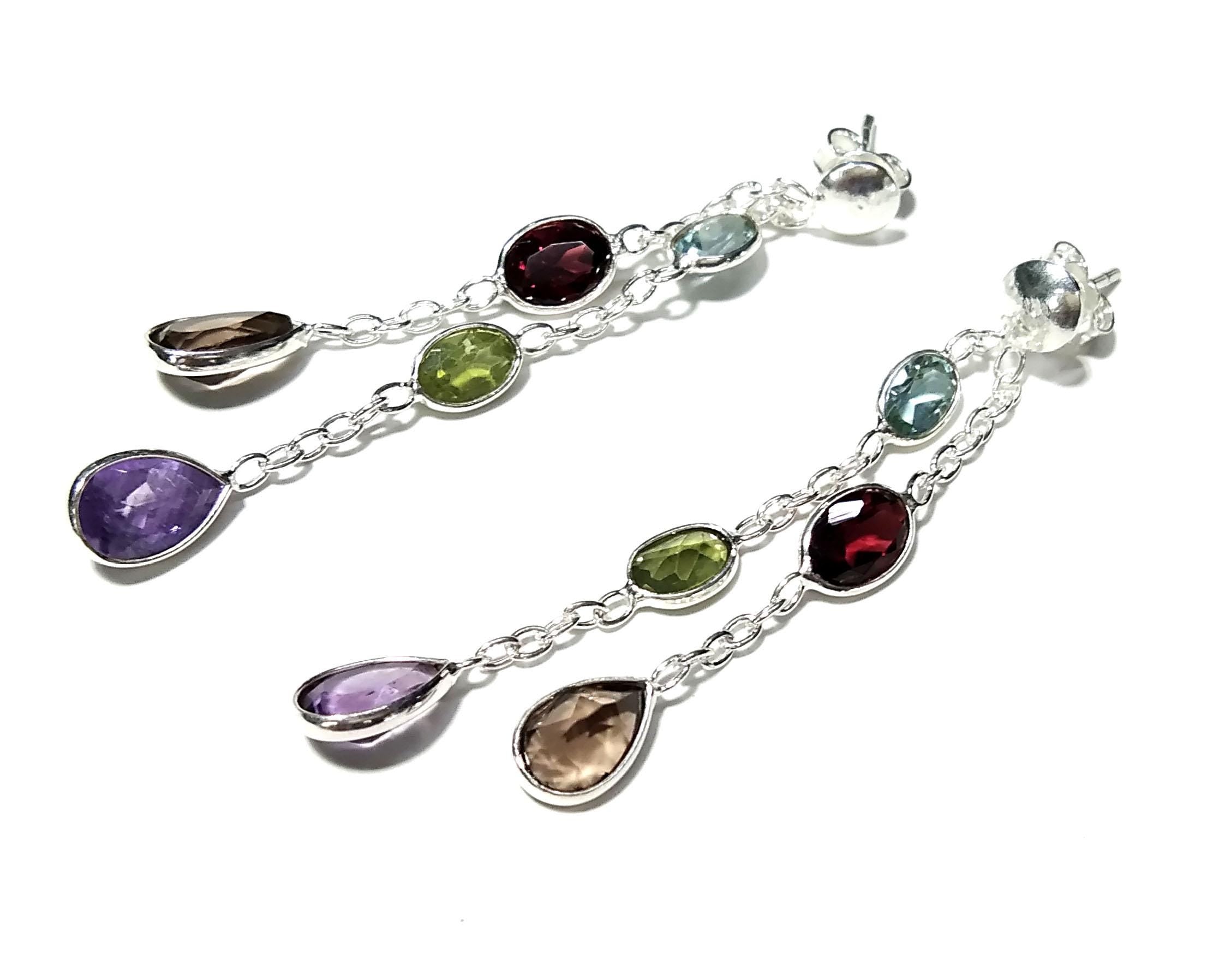 Multi Cut Gemstone Earrings, Amethyst, Garnet, Peridot, Blue Topaz, Smoky Quartz Earrings, 925 Sterling Silver Jewelry, Gift For Her