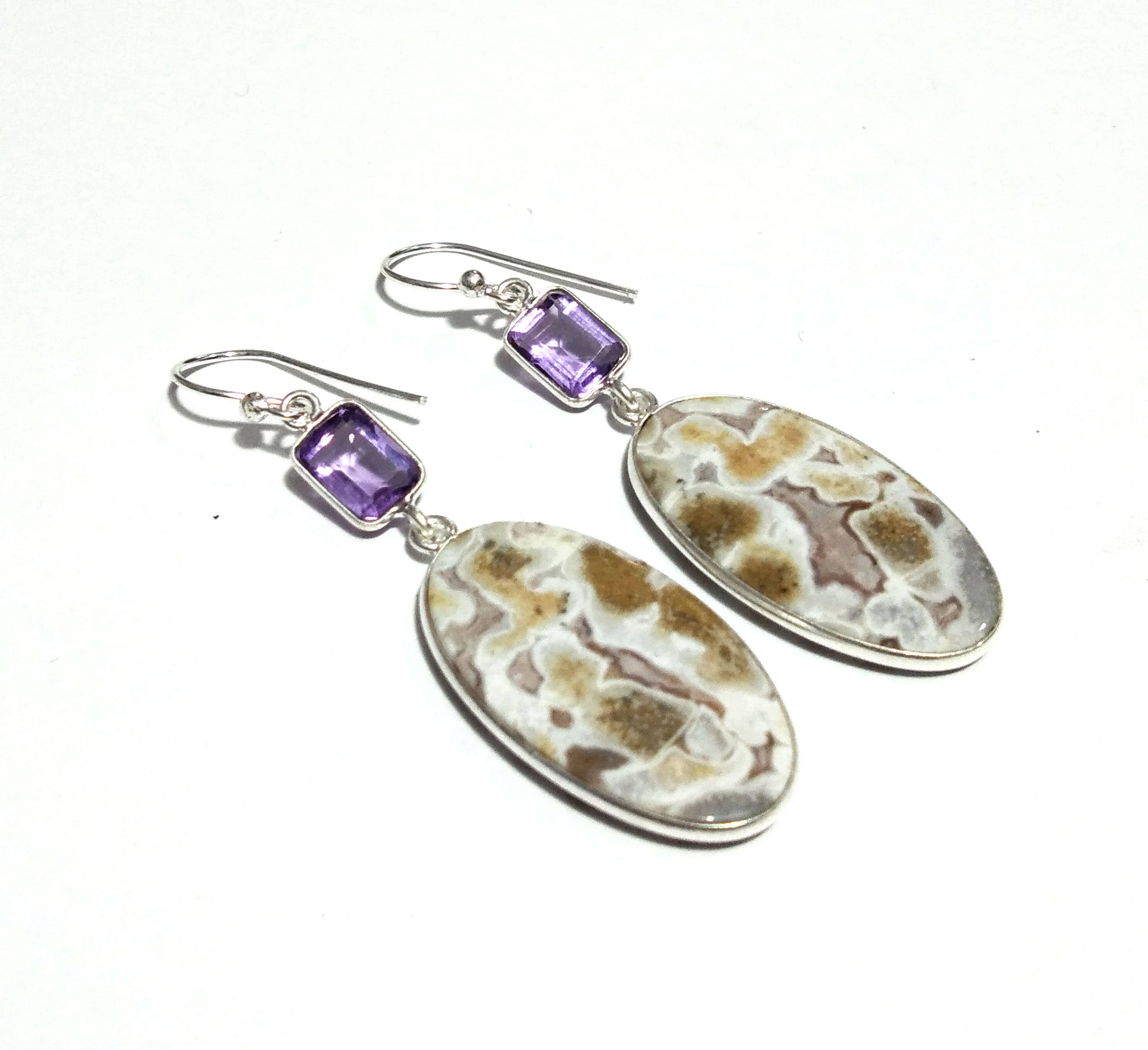 Natural Crazy Lace Agate/Amethyst Earring, 925 Solid Starling Silver Earring, Crazy Lace Agate/Amethyst Stone Size 30x16 mm Gift Earring