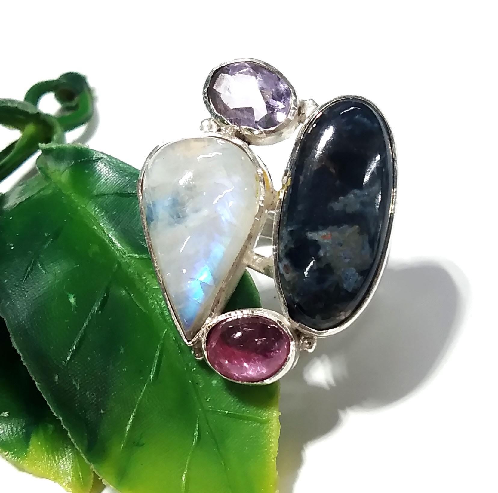 Pietersite,Rainbow Moonstone,Ruby And Amethyst Multi Stone Ring, 925 Solid Sterling Silver Jewelry, Natural Gemstone Ring, Handmade Jewelry.