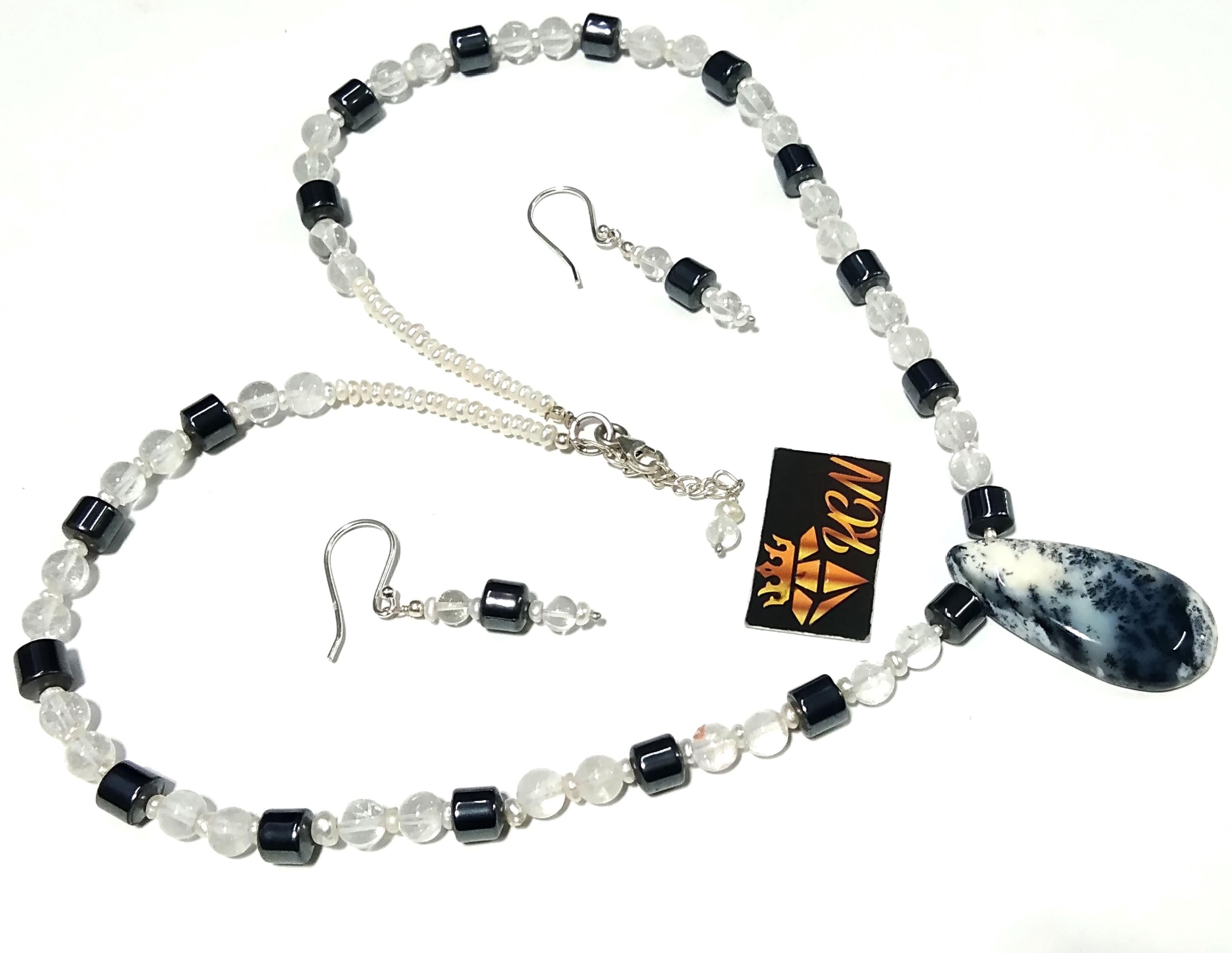 Natural Dendrite Opal/Crystal Gemstone Beads Necklace Set Jewelry, 925 Sterling Silver Necklace, Beaded Necklace Statement for Gift Jewelry