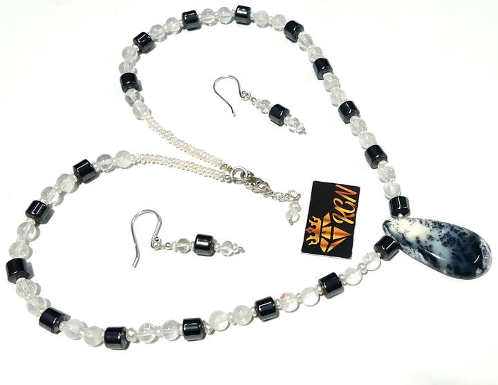 Natural Dendrite Opal/Crystal Gemstone Beads Necklace Set Jewelry, 925 Sterling Silver Necklace, Beaded Necklace Statement for Gift Jewelry