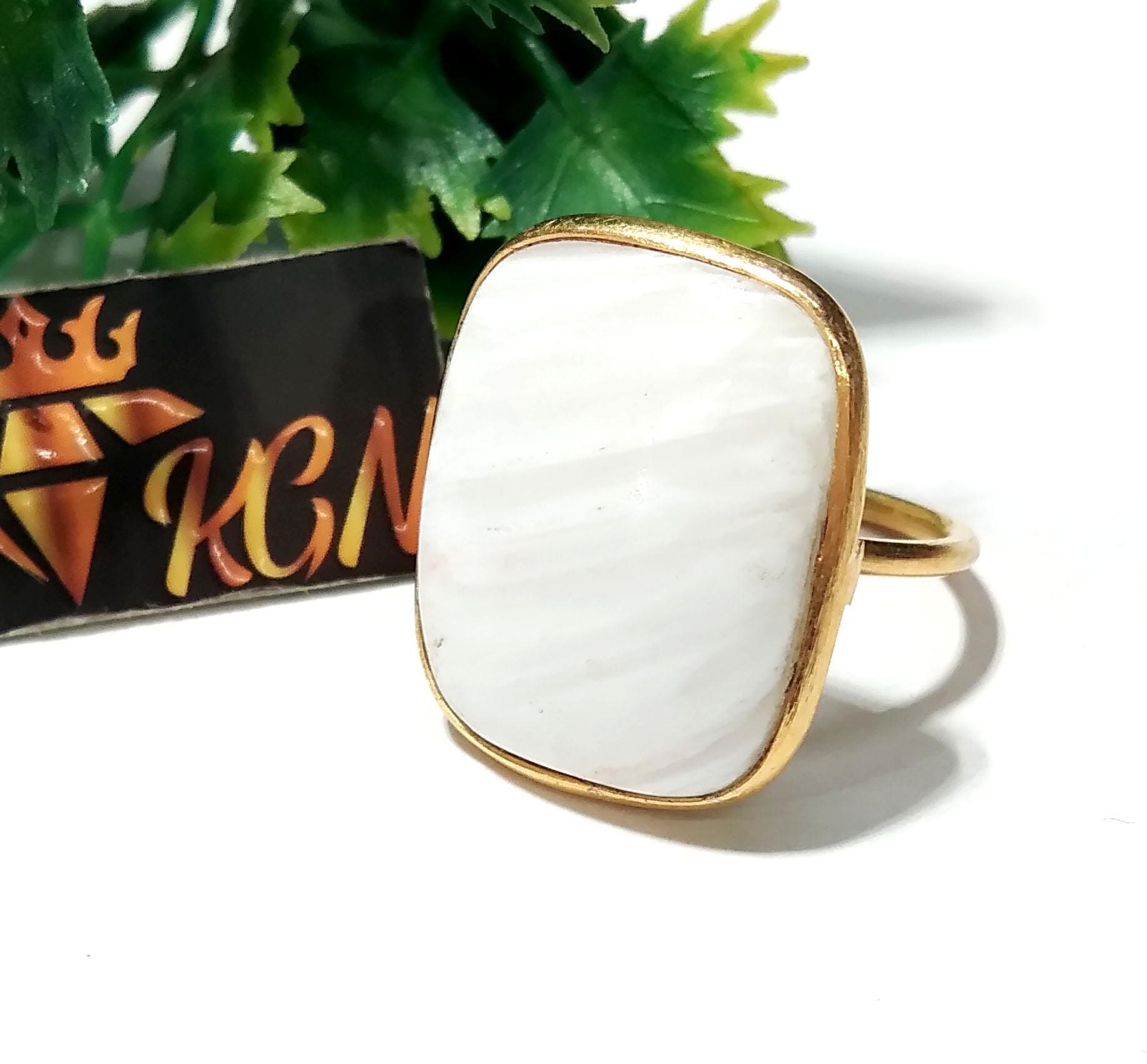 Natural White Scolecite Rings, Solid 925 Starling Silver Gold Plated Rings, Jewelry Stone Size 21x18 mm Handmade Gift Wedding Ring Jewelry