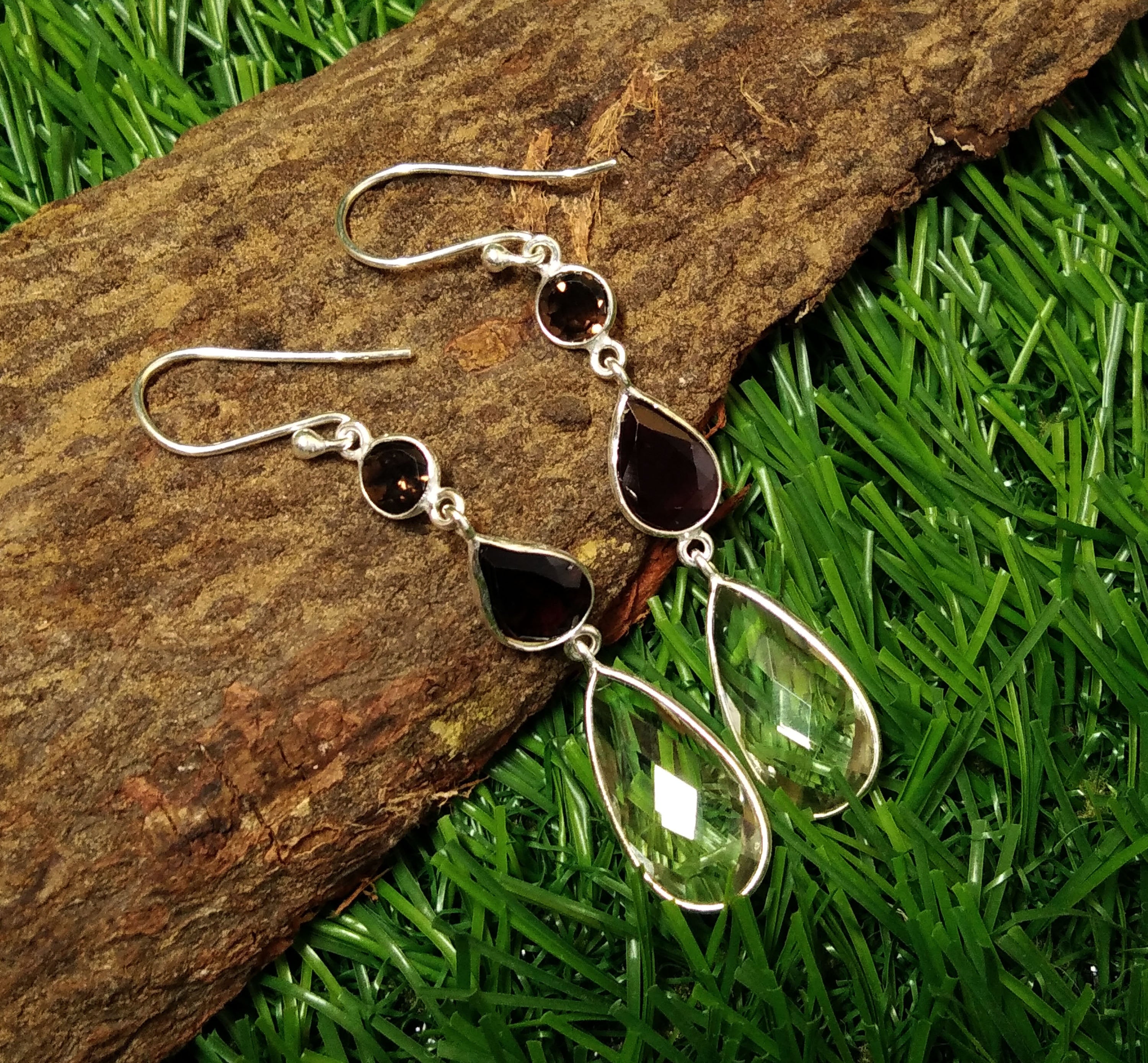 Natural Green Amethyst,Garnet Gemstone Drop Earring, 925 Starling Silver Earring, Stone Size 18x9 mm Gift Birthday Earring Jewelry