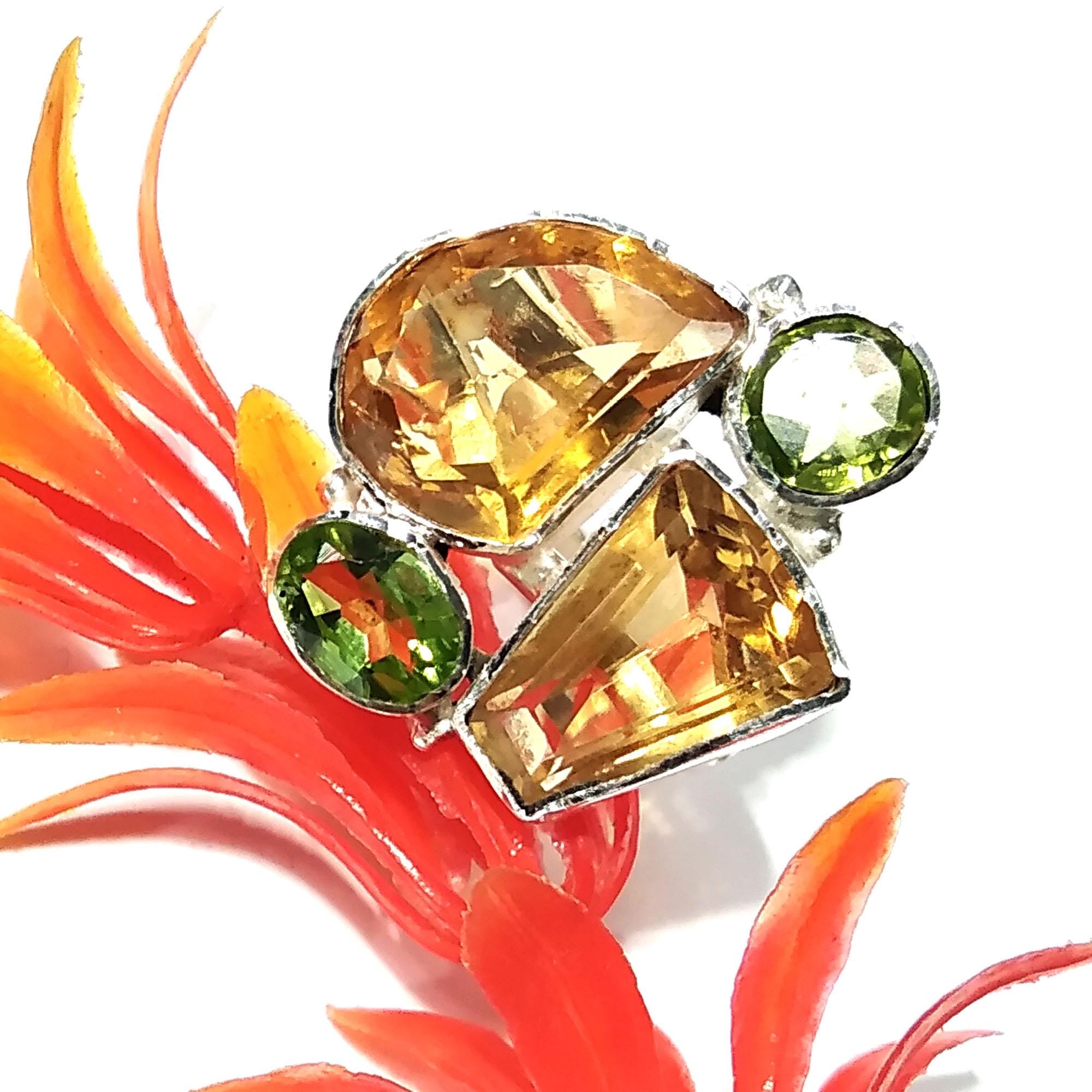Natural Citrine/Peridot Faceted Gemstone Ring, 925 Sterling Silver Jewelry Ring, Natural Gemstone Ring Handmade Jewelry, For Girls/Women