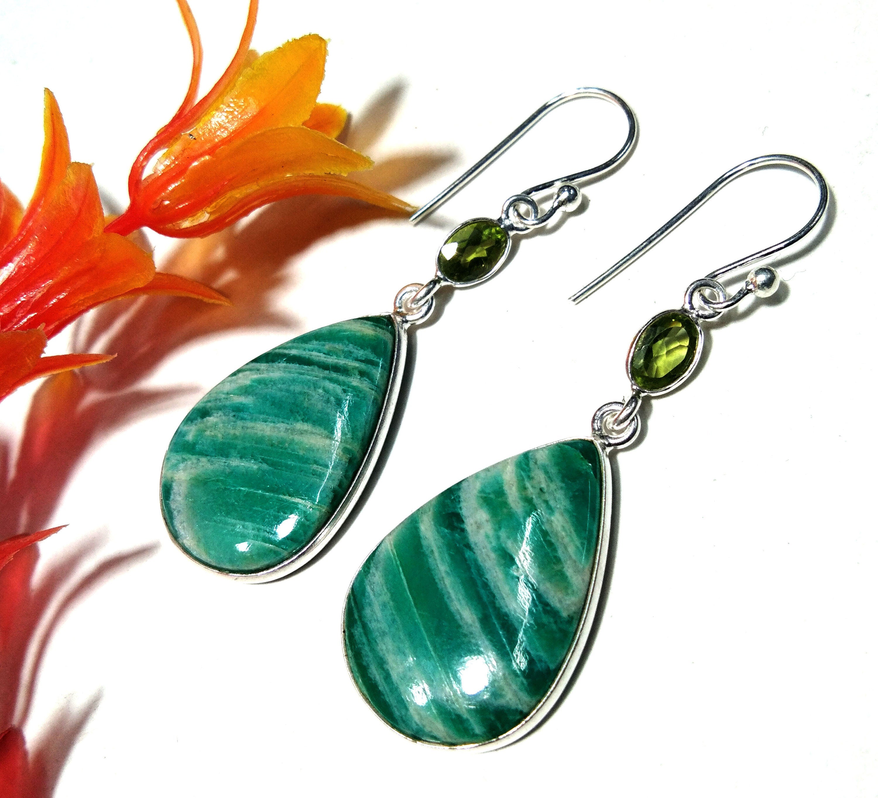 Natural Amazonite/Peridot Earring, Teardrop Amazonite Earring, 925 Silver In Gemstone Earring, Handmade Jewelry, Birthday Gift, Mother Gift