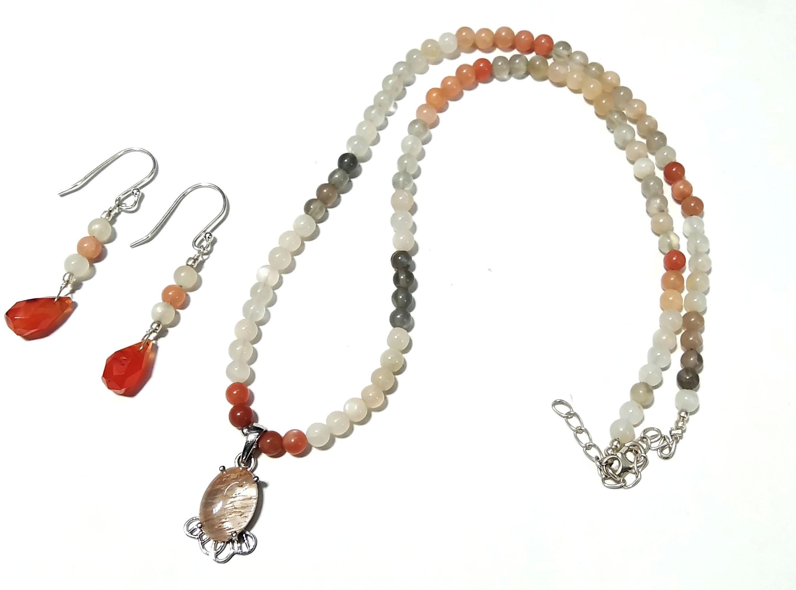 Natural Rutile Quartz/Peach Moonstone Beads Necklace Earring Jewelry Set, 925 Sterling Silver Necklace Beaded Necklace Statement Jewelry