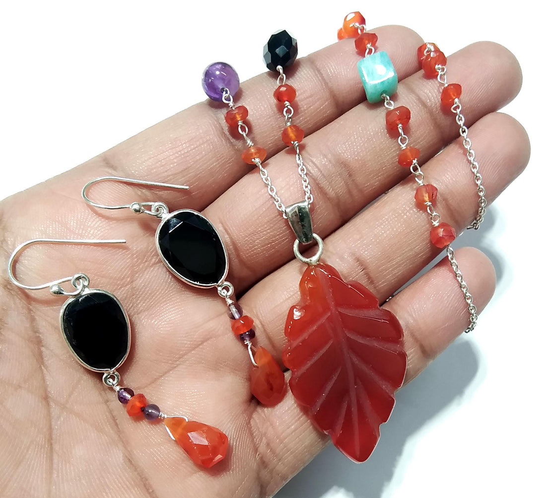 Natural Orange Carnelian/Black Onyx Gemstone Beads Necklace Set Jewelry, 925 Sterling Silver Necklace Beaded Necklace Statement for Jewelry