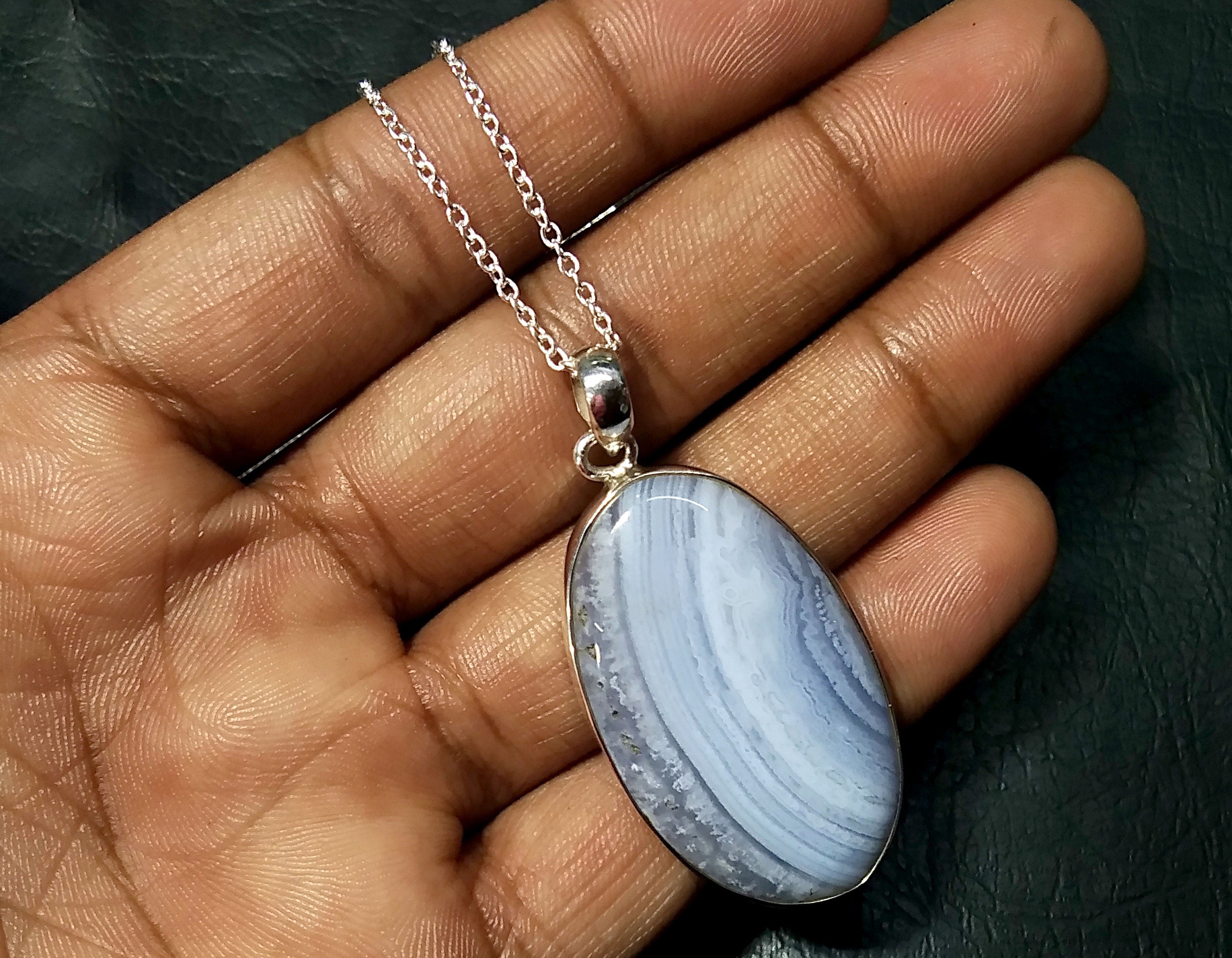 Natural Blue Lace Agate Gemstone Pendant, 925 Starling Silver Pendant Chain Necklace, Handmade Jewelry Stone Size 37x21 mm Gift Pendant