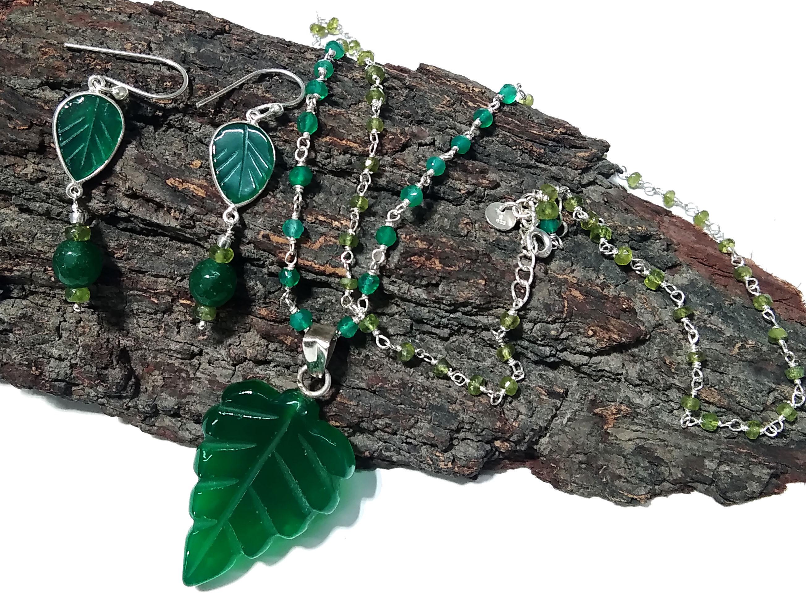 Natural Green Onyx Carving Gemstone Beads Necklace Earring Jewelry Set, 925 Sterling Silver Necklace Beaded Necklace Statement For Jewelry