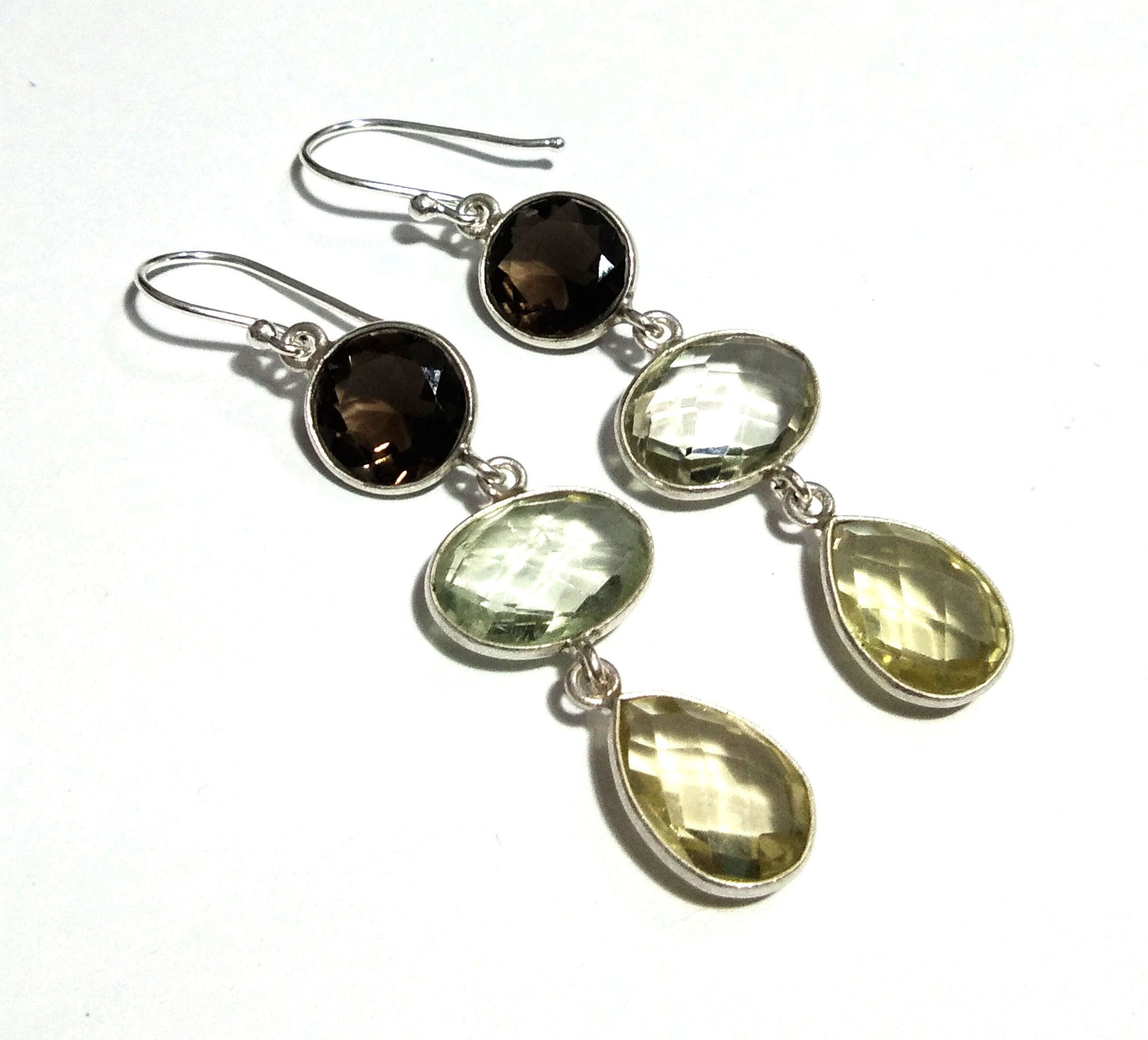 Natural Lemon Quartz, Smoky Quartz, Green Amethyst Stone Drop Earring, 925 Sterling Silver Earring Gemstone, Gift Birthday Earring Jewelry