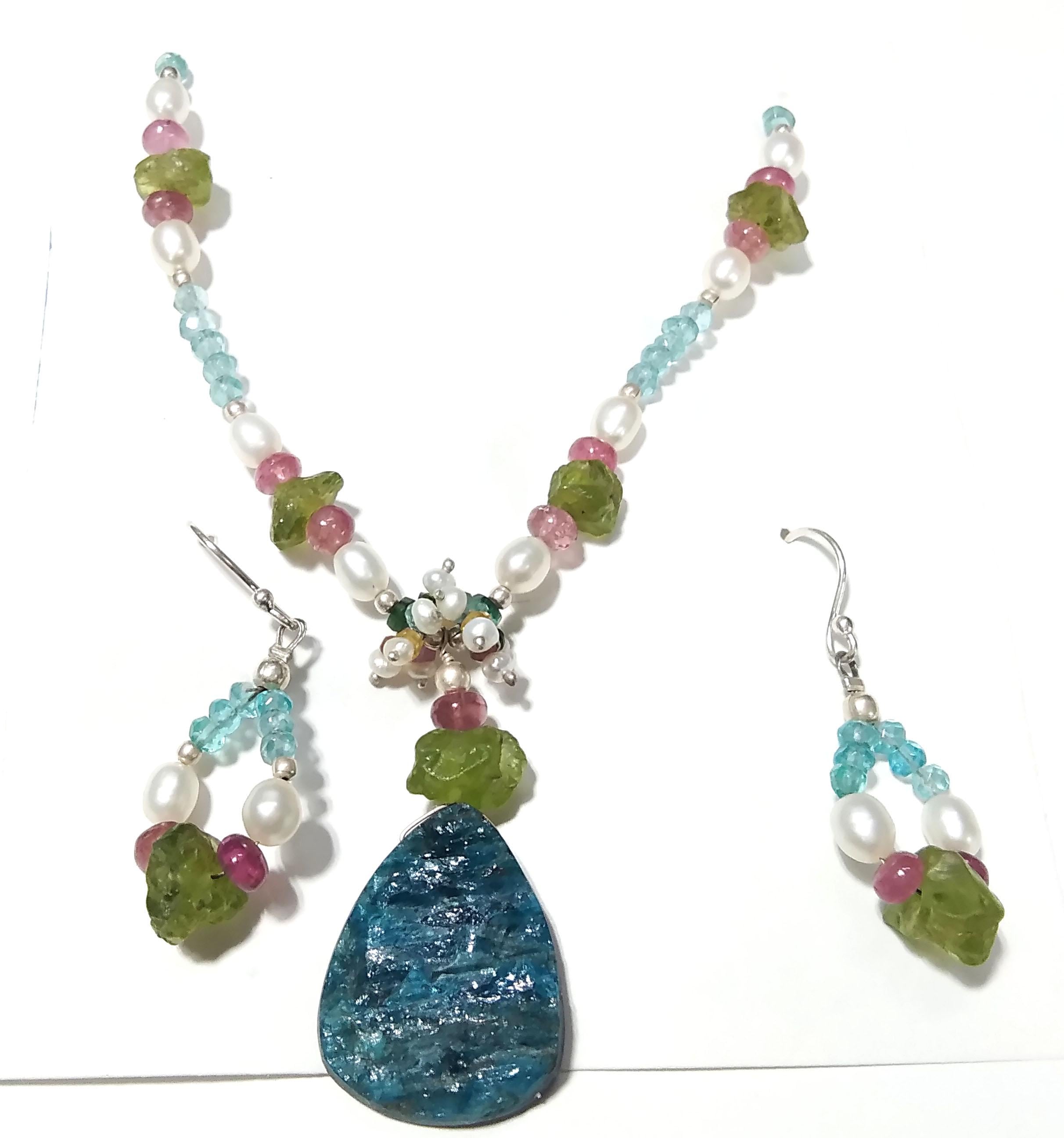 Natural Apatite Druzy/ Pearl/Peridot Rough Stone Beads Necklace Set Jewelry, 925 Sterling Silver Necklace Beaded Necklace Statement Jewelry