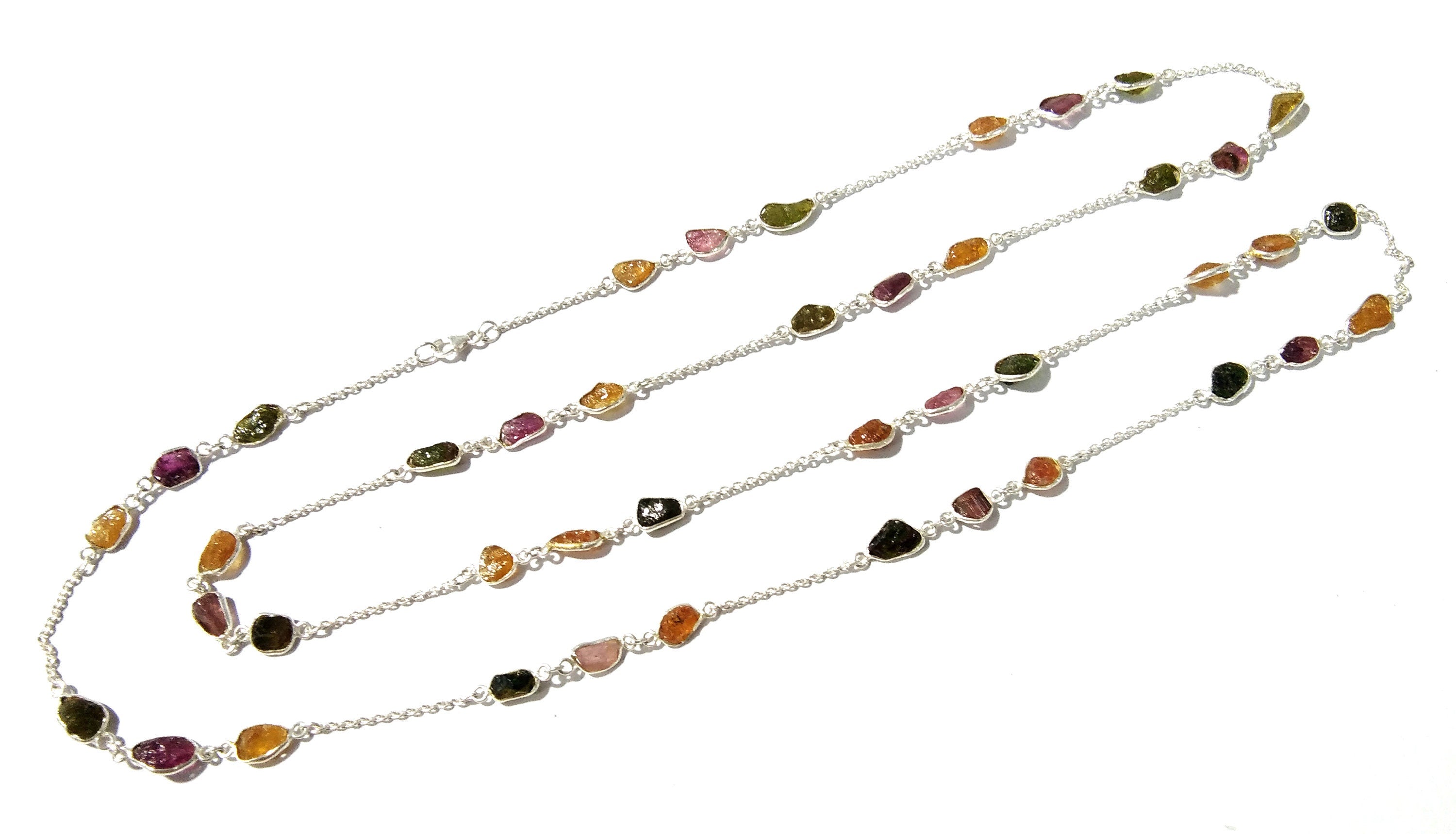 Beautiful Natural Gemstone Multi Color Tourmaline Rough Log Chen Necklace For Girls & Woman, 925 Starling Silver Log Necklace Length 44 inch