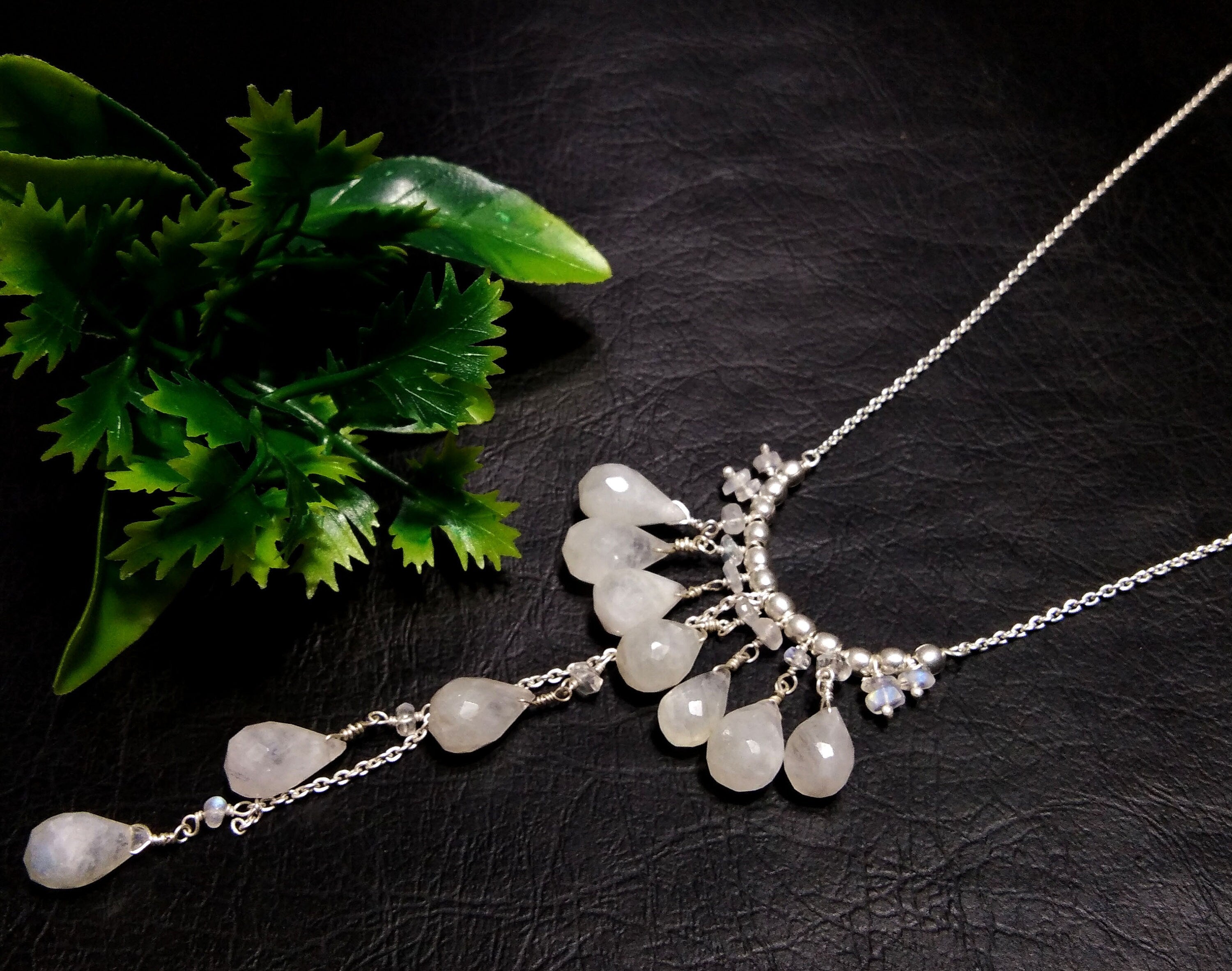 Natural Rainbow Moonstone Drop's Gemstone Chain Necklace, Solid 925 Starling Silver Chain Necklace, Moonstone Gift Necklace, Girls & Women