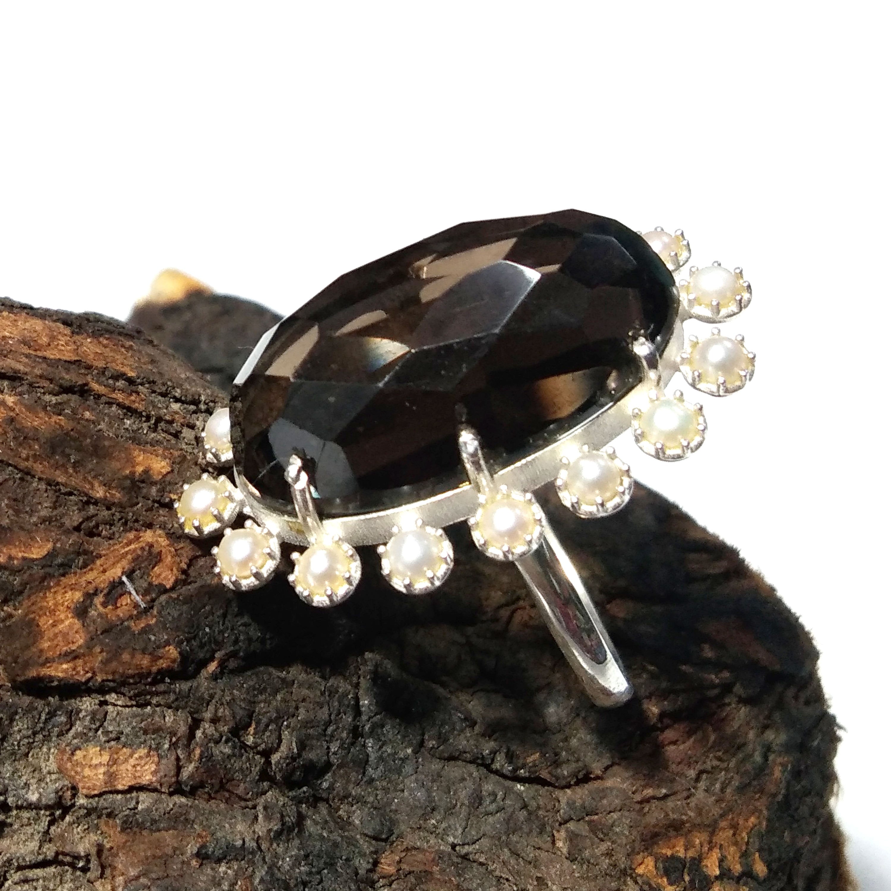 Natural Smoky Quartz,Freshwater Pearl Gemstone Ring, 925 Solid Starling Silver Ring, Jewelry Stone Size 24x14mm Statement Ring Birthday Ring