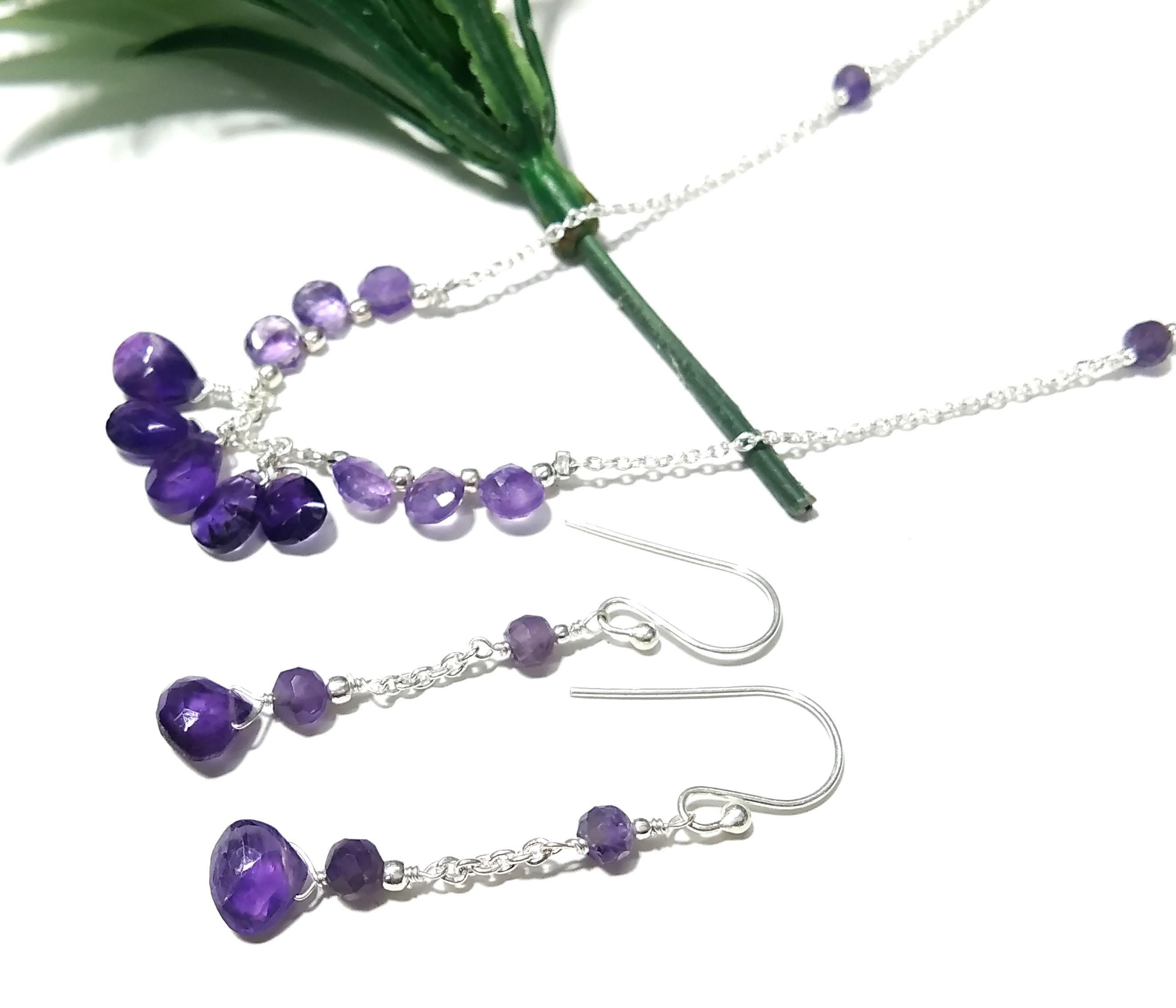 Natural Amethyst Gemstone Earrings And Necklace Jewellery Set, 925 Solid Sterling Silver Necklace, Beautiful Amethyst Stone Gift For Her