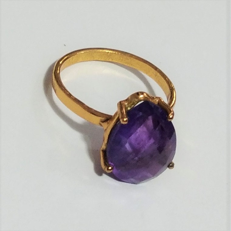 Natural Amethyst Gemstone Ring, 925 Solid Sterling 18k Gold Plated Silver Ring, Amethyst Stone Size 14x10 mm Handmade Gift Mother's day Ring