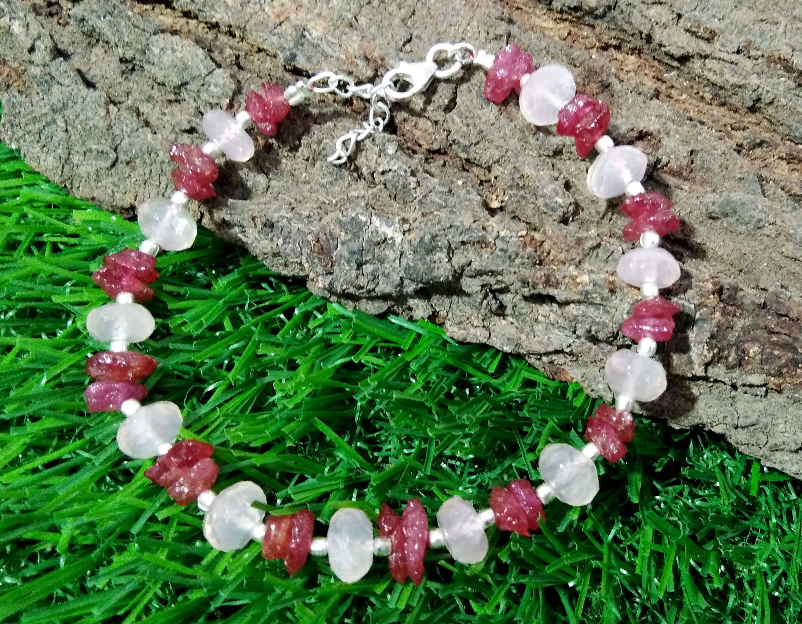 Natural Gemstone Ruby & Rose Quartz Bracelet, Healing Crystal Stone Beaded Bracelet, Bridesmaid Gift, Friendship Bracelet 925 Silver Jewelry