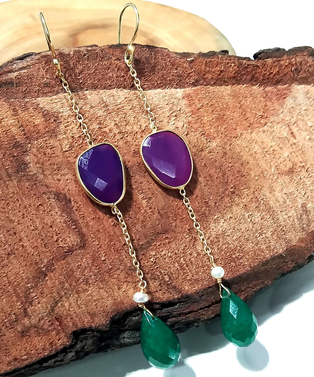 Natural Green Jade & Pink Chalcedony Gemstone Earring, 925 Starling Silver With Gold Plated Earring, Bezel Handmade Earring, For Girls/Women