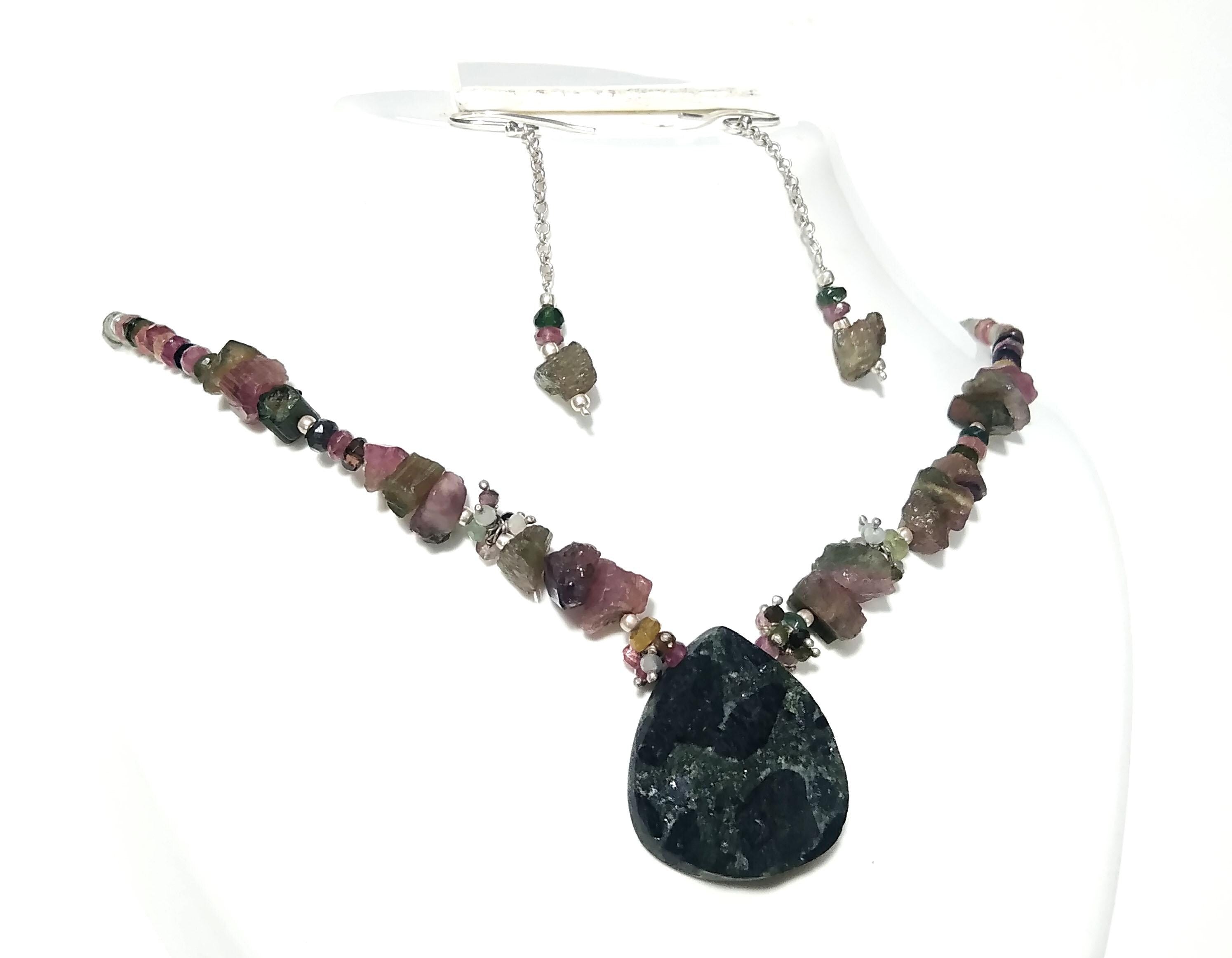 Natural Multi Tourmaline/Black Tourmaline Beads Necklace Set Jewelry, 925 Sterling Silver Necklace Beaded Necklace Statement Jewelry