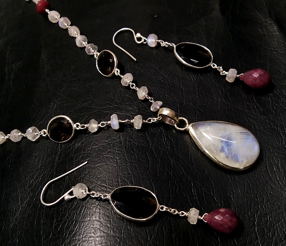 Rainbow Moonstone & Smoky Quartz Necklace Earring Jewelry Set, 925 Sterling Silver Necklace Amazing Quality Rainbow Moonstone Gift For Women