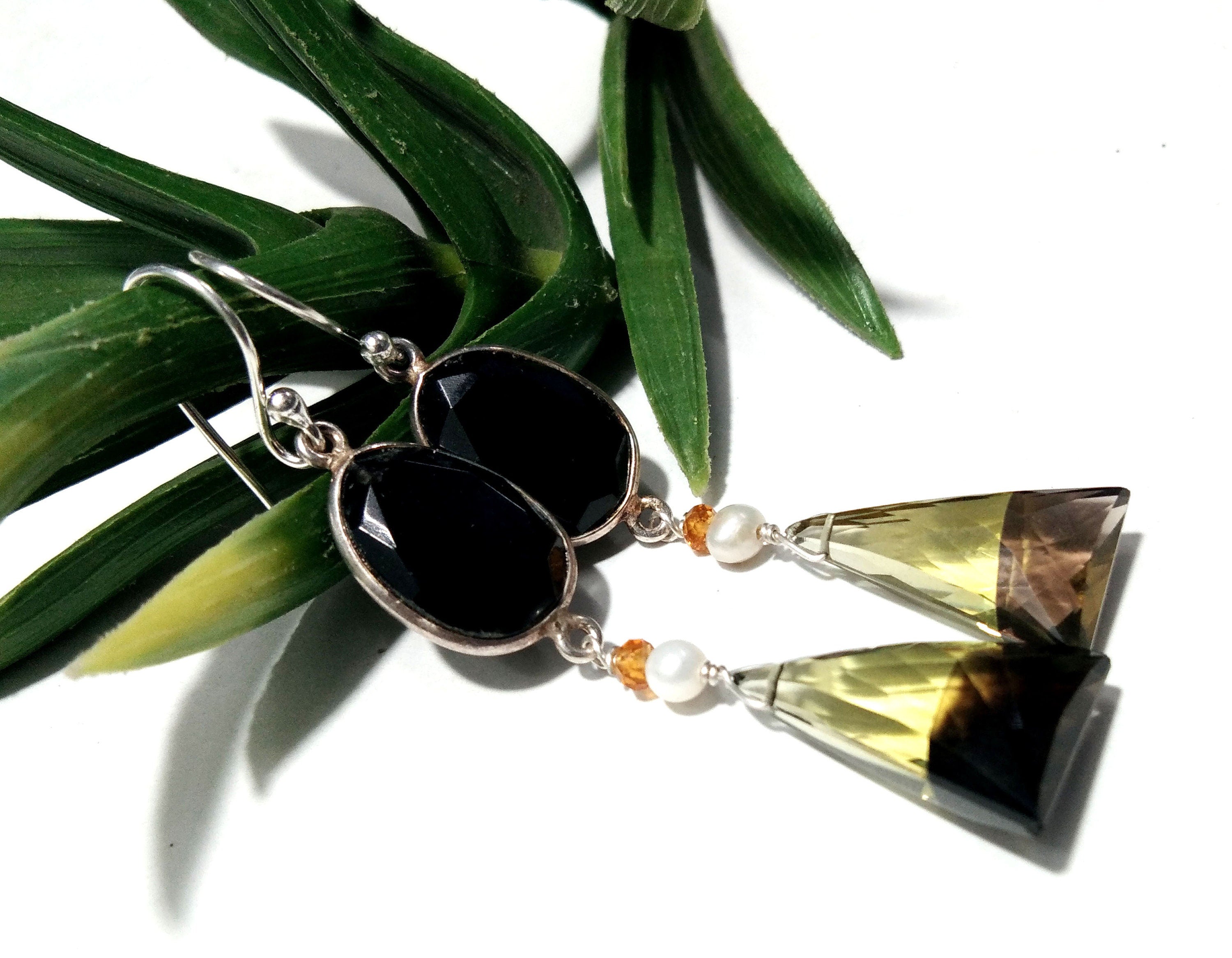 Natural Doublet Gemstone Lemon & Smoky Quartz Multi Stone Earrings, With 925 Starling Silver Jewelry Earring, For Gifts Girls/Women